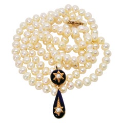 Pearl Strand Necklace with Yellow Gold Blue Enamel Pearl Pendant Enhancer