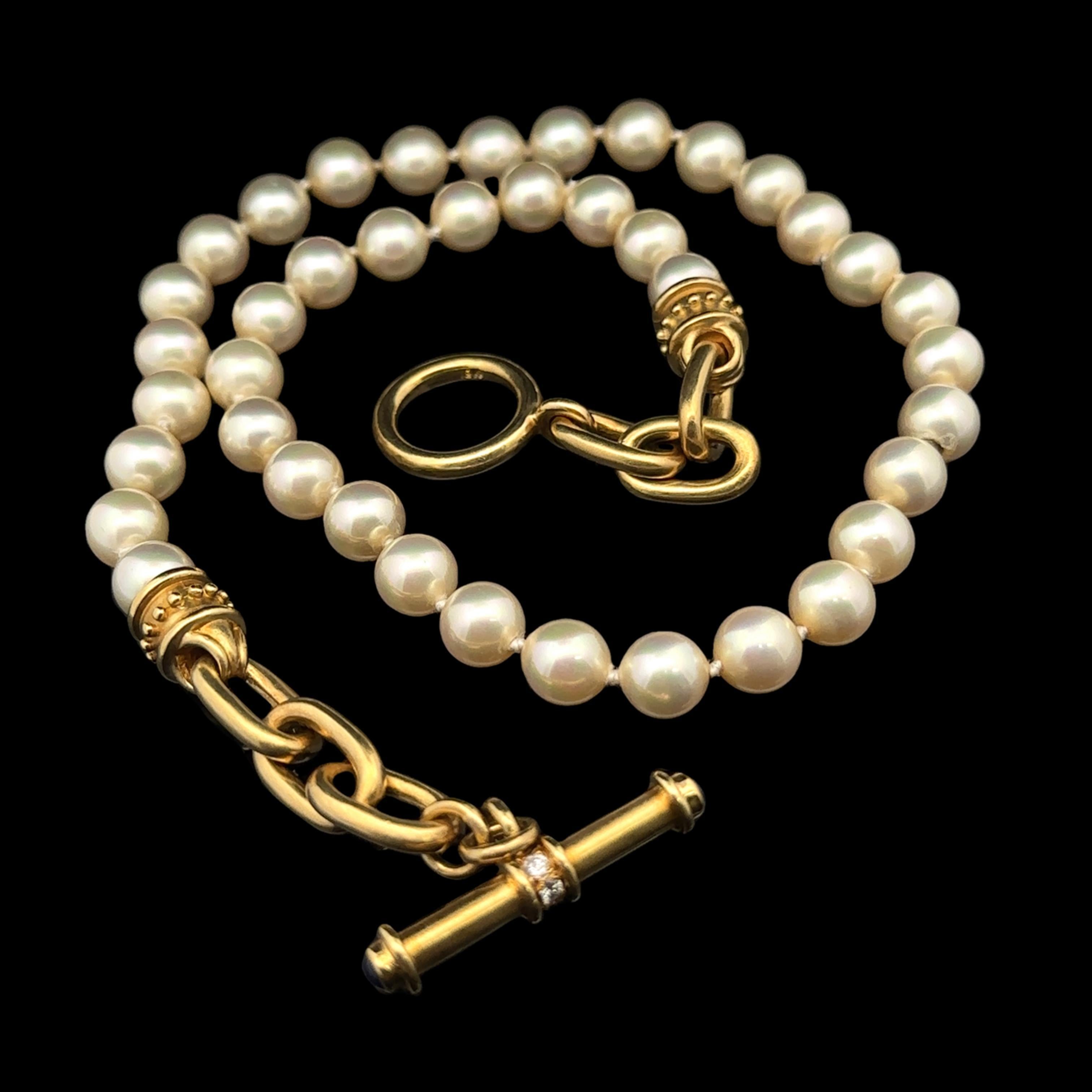Bead Pearl Strand w/ 18k Yellow Gold Ends and Heavy Diamond Toggle Clasp 19