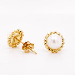 Pearl Stud Earring w Beaded Frame Yellow Gold Pearl Post Earrings
