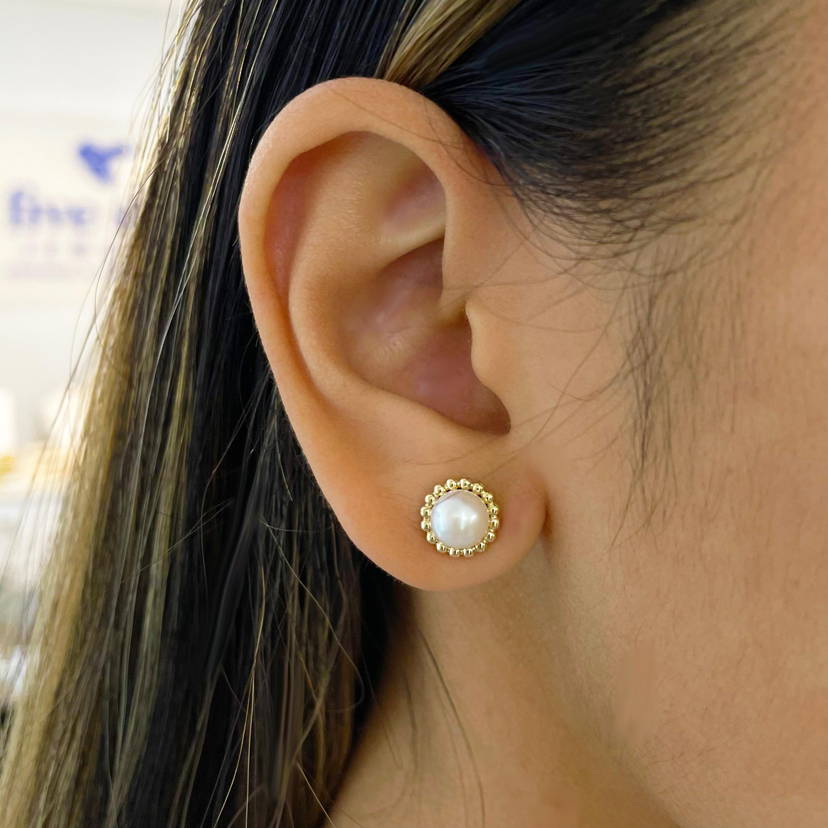 Contemporary Pearl Stud Earring w Beaded Frame Yellow Gold Pearl Post Earrings For Sale