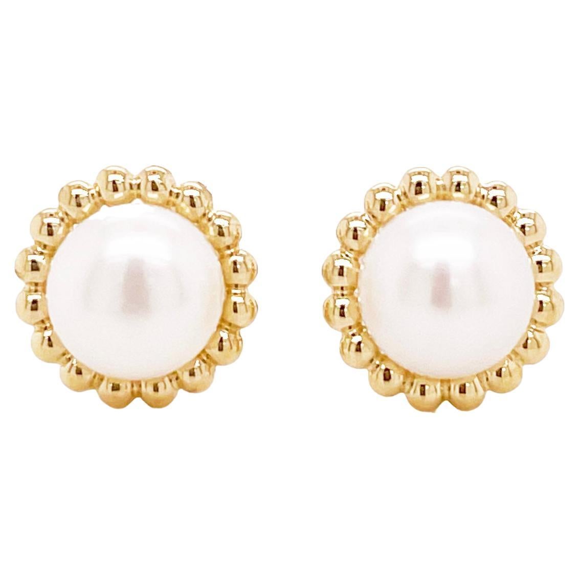 Pearl Stud Earring w Beaded Frame Yellow Gold Pearl Post Earrings For Sale