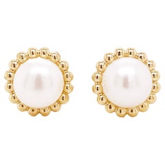 Pearl Stud Earring w Beaded Frame Yellow Gold Pearl Post Earrings