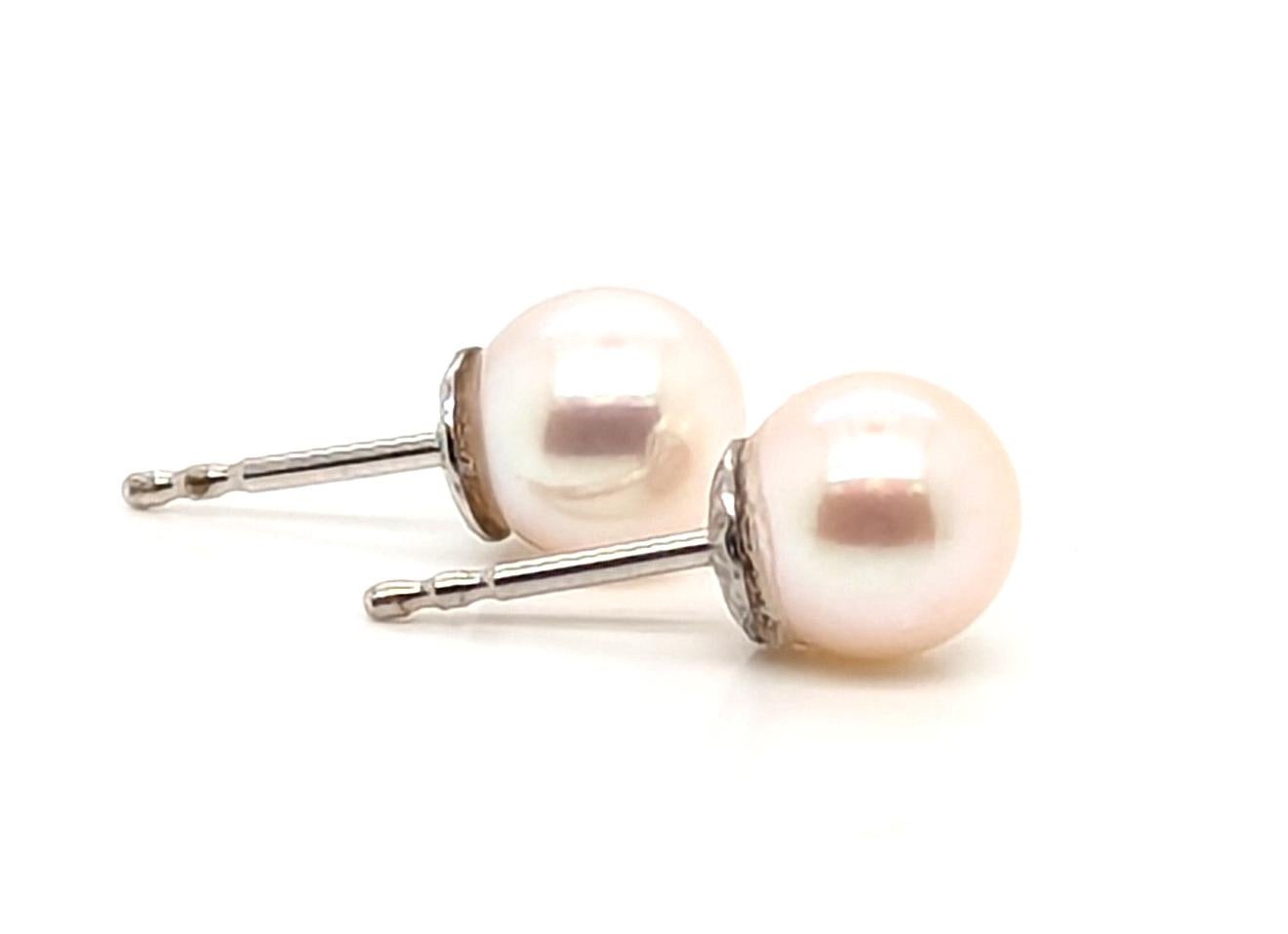 Round Cut Pearl Stud Earrings 7mm 14K White Gold For Sale