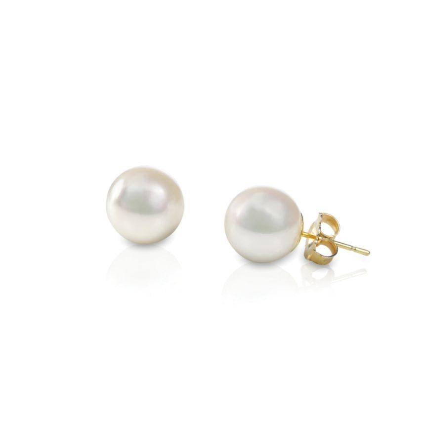 Round Cut Pearl Stud Earrings, Solid 14K Yellow Gold Akoya White Pearls For Sale