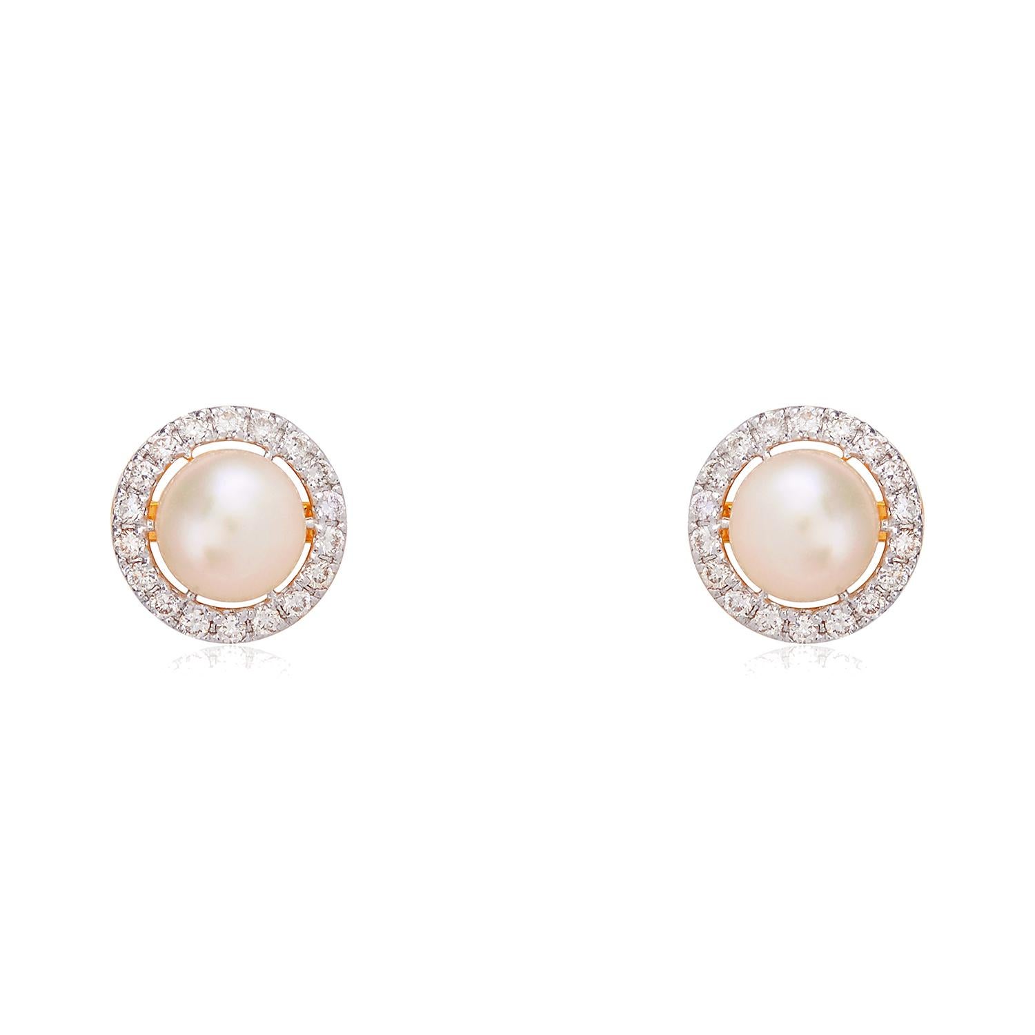 Brilliant Cut Pearl Stud Earrings with Diamond in 14k Gold For Sale
