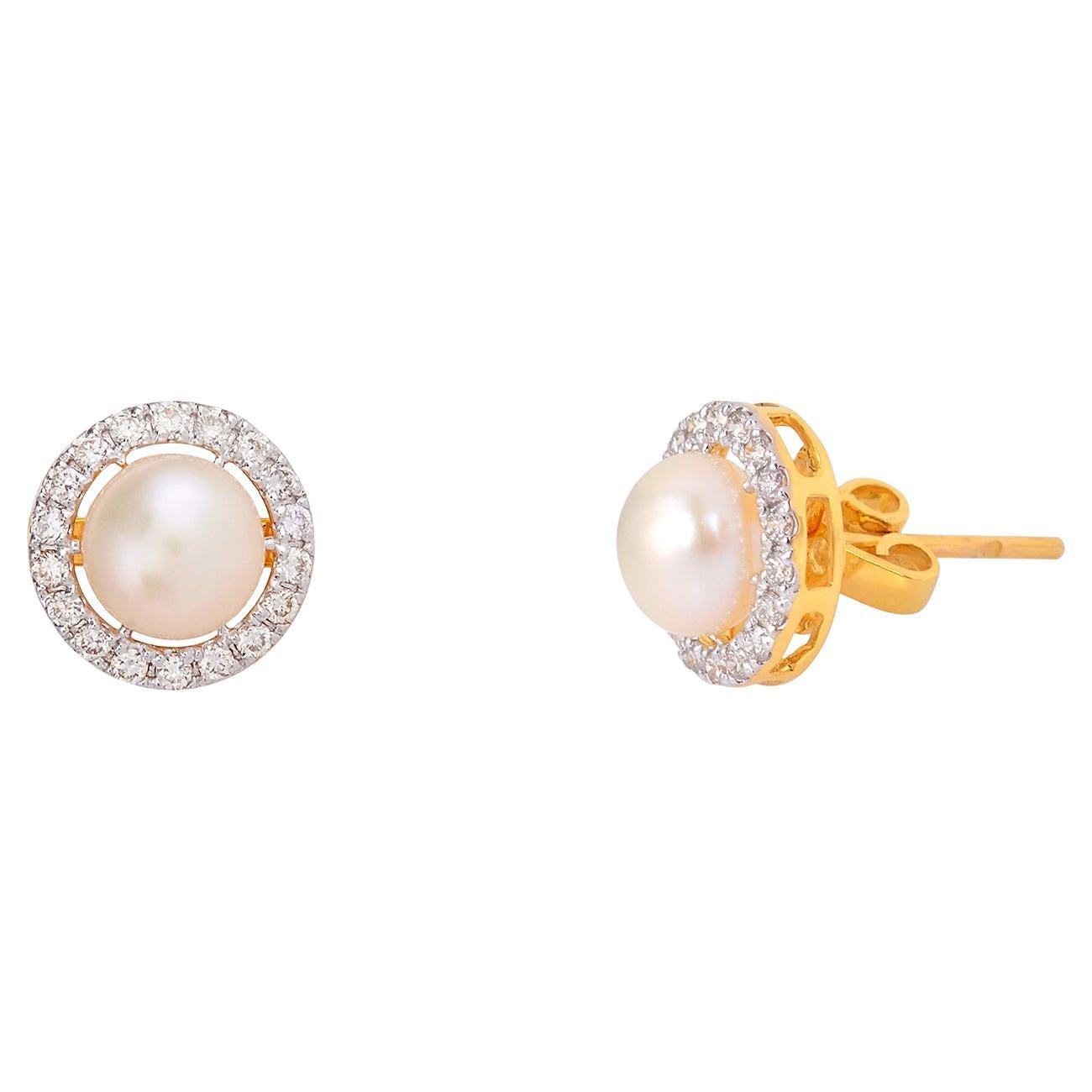 Pearl Stud Earrings with Diamond in 14k Gold For Sale