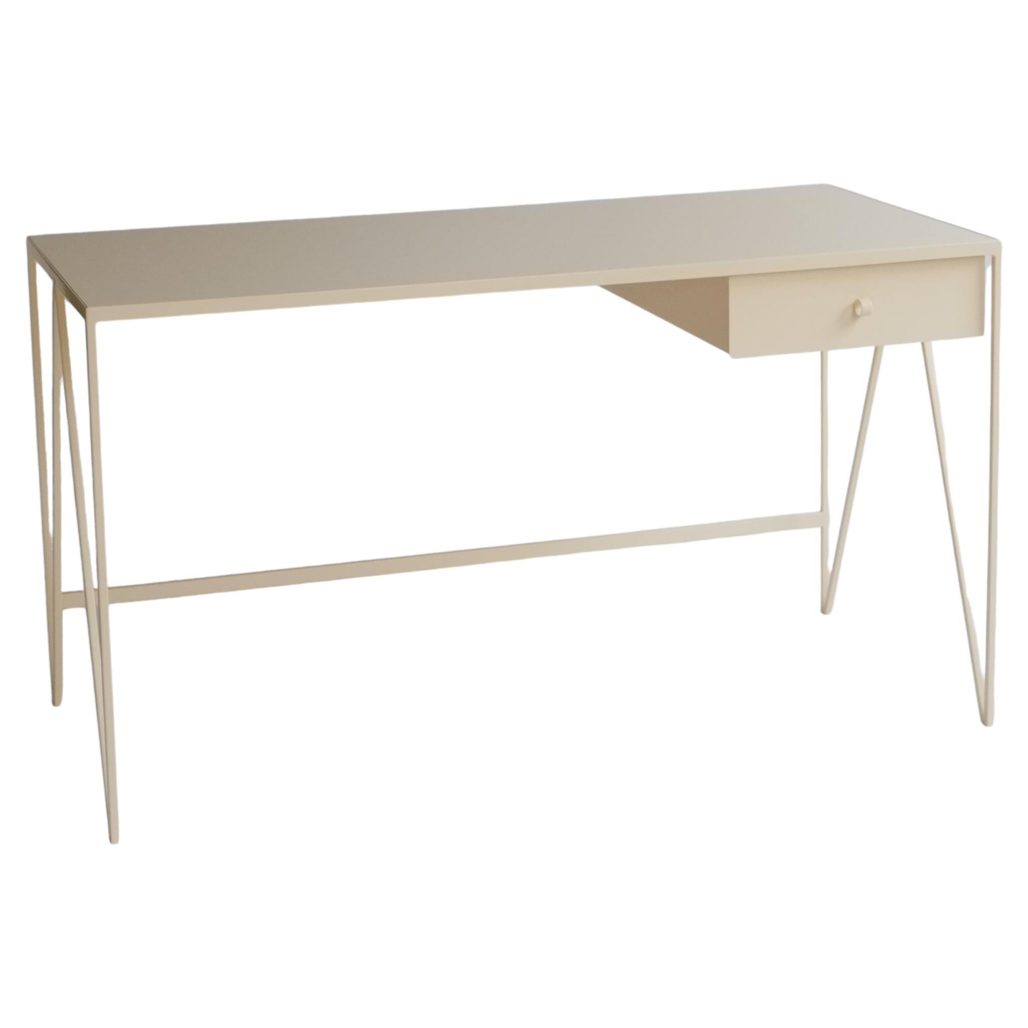 Cremefarbener Arbeitstisch mit natürlicher Linoleum-Tischplatte und Schublade, anpassbar