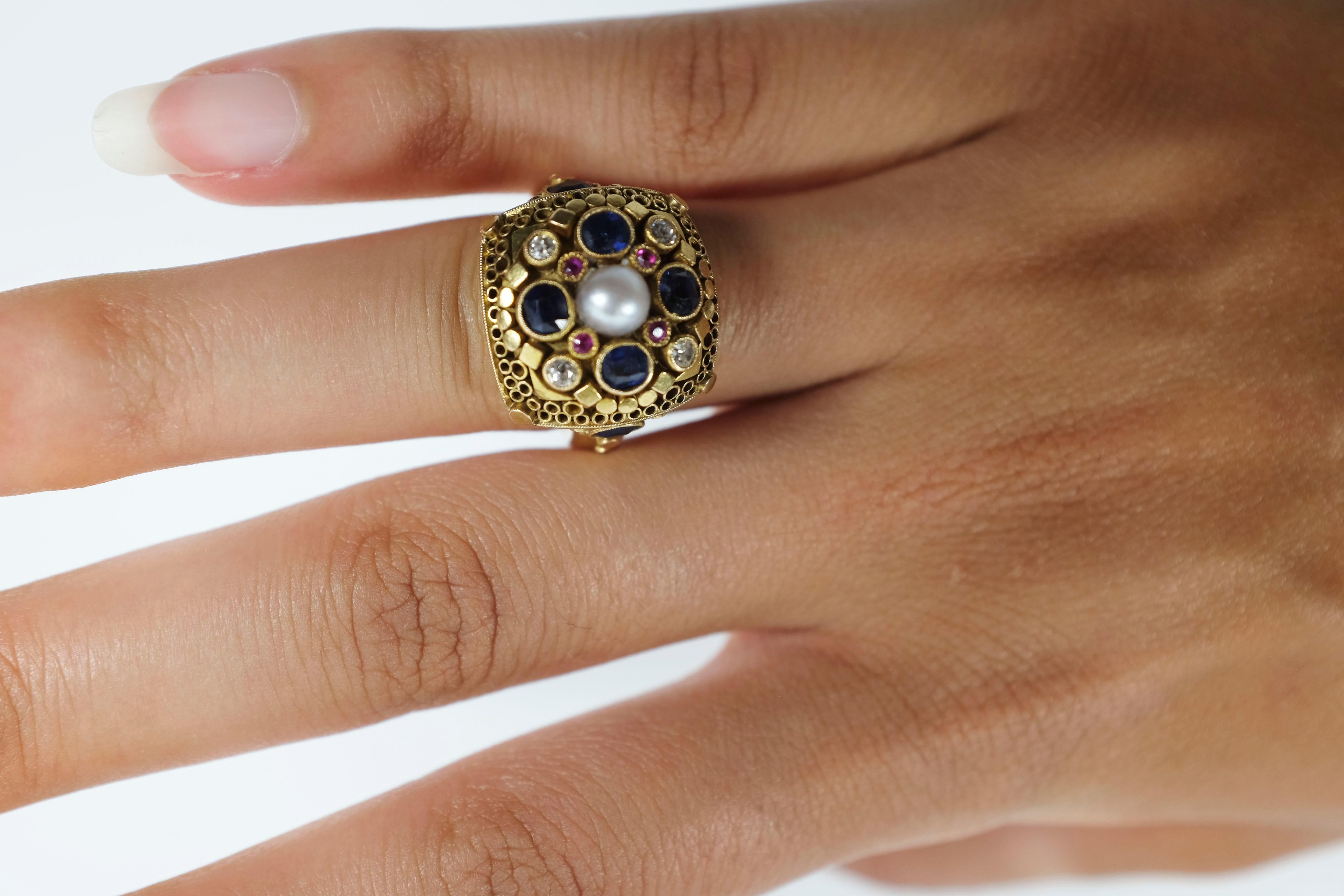 Pearl Surrounded by Sapphires and Diamonds, Ring by Elmar Seidler For Sale 1