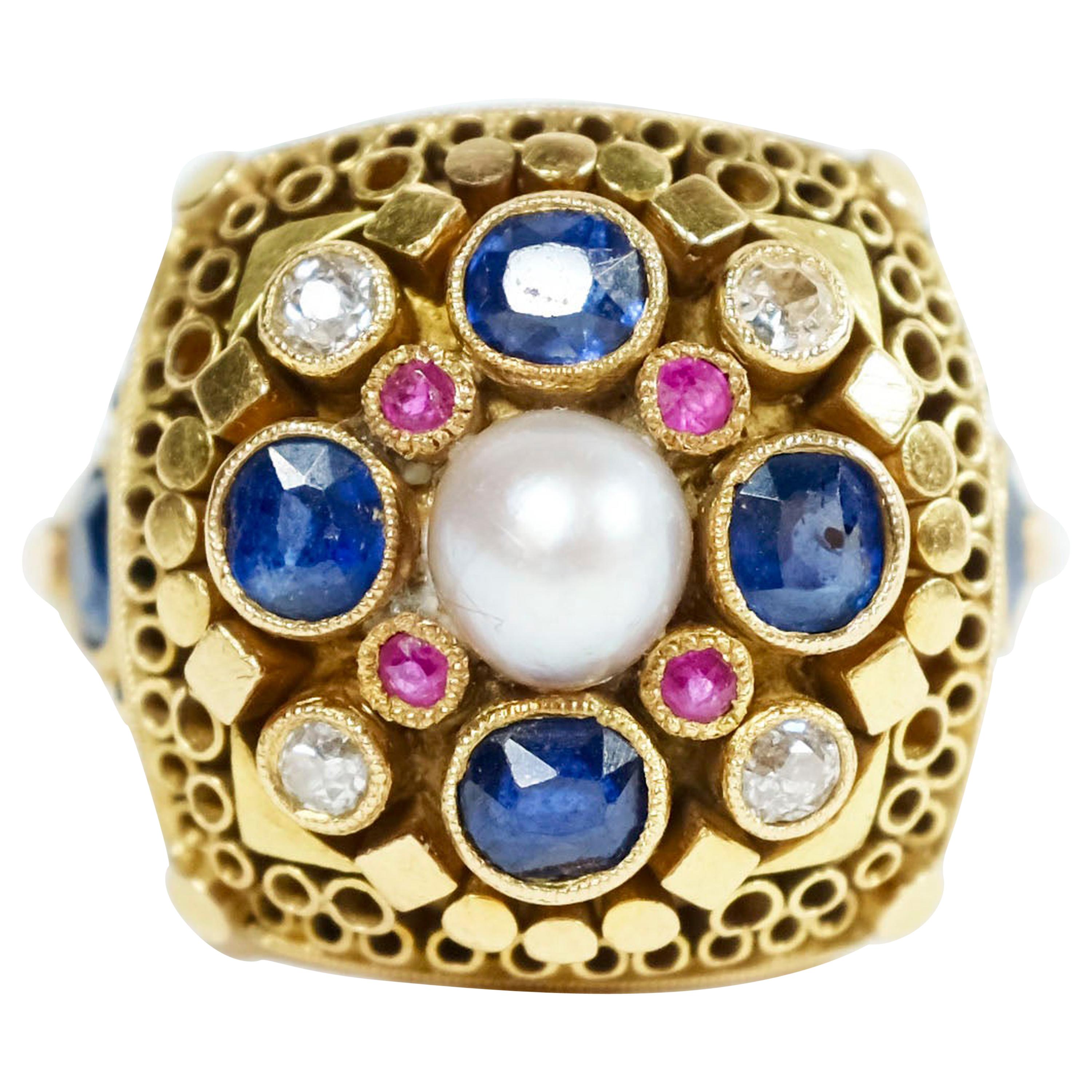 Pearl Surrounded by Sapphires and Diamonds, Ring by Elmar Seidler For Sale