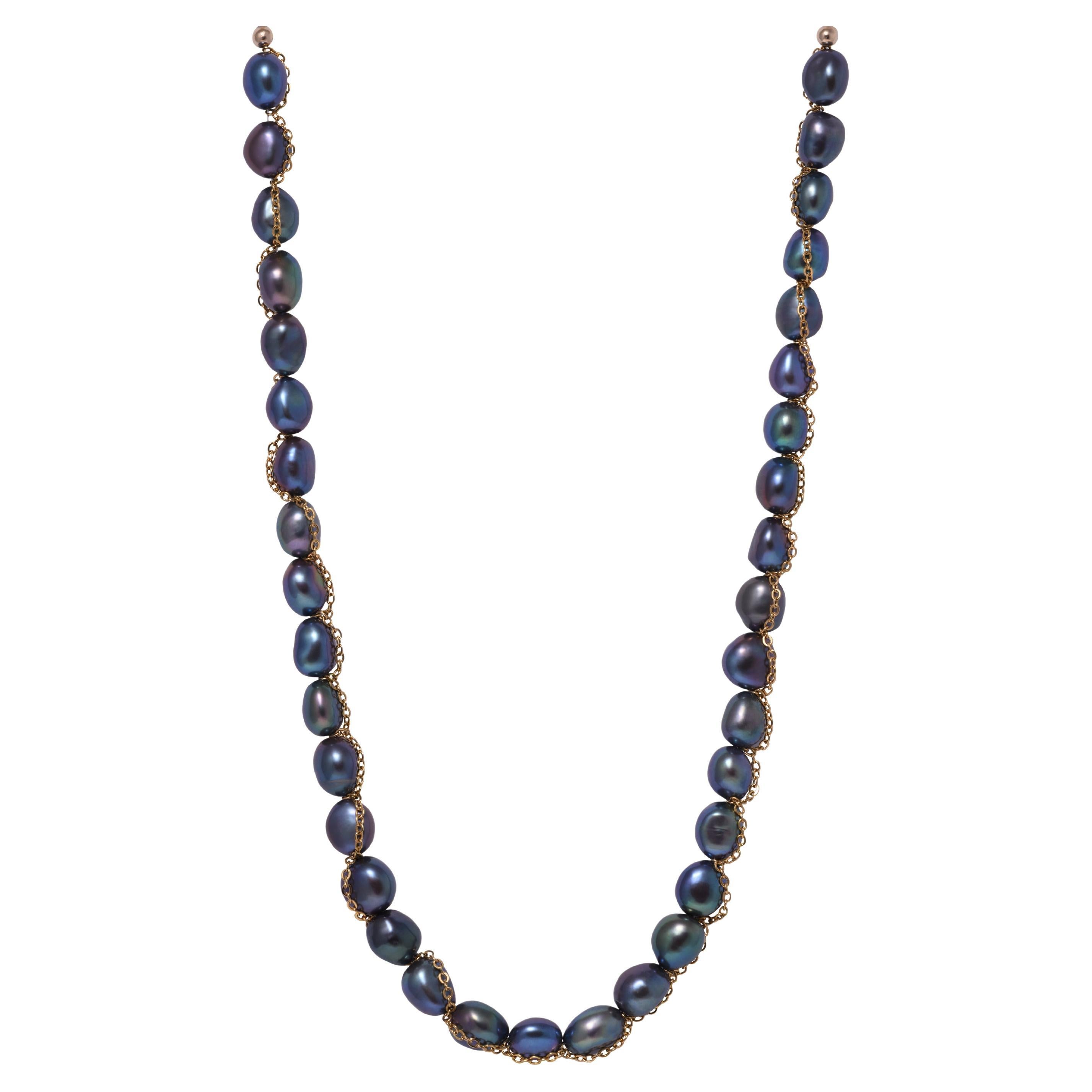 Blue Freshwater Baroque Pearl Necklace with Gold Plated Stainless Steel Chain For Sale