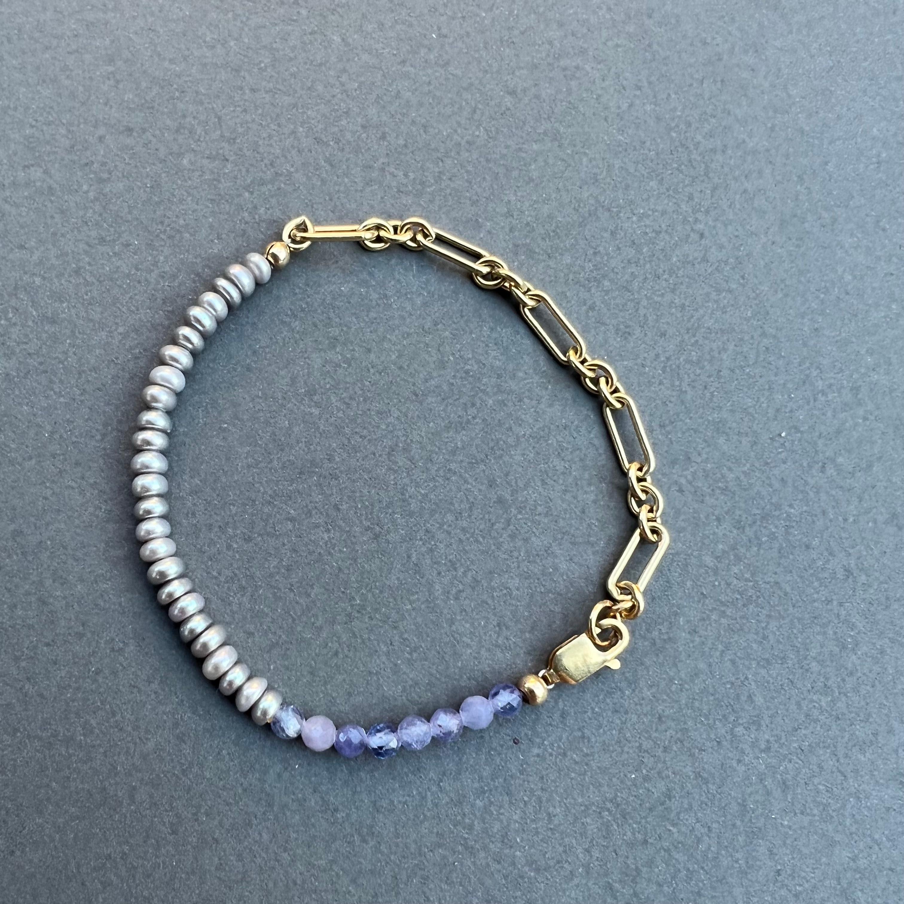 Pearl Tanzanite Bead Bracelet Gold Filled Chain J Dauphin In New Condition For Sale In Los Angeles, CA