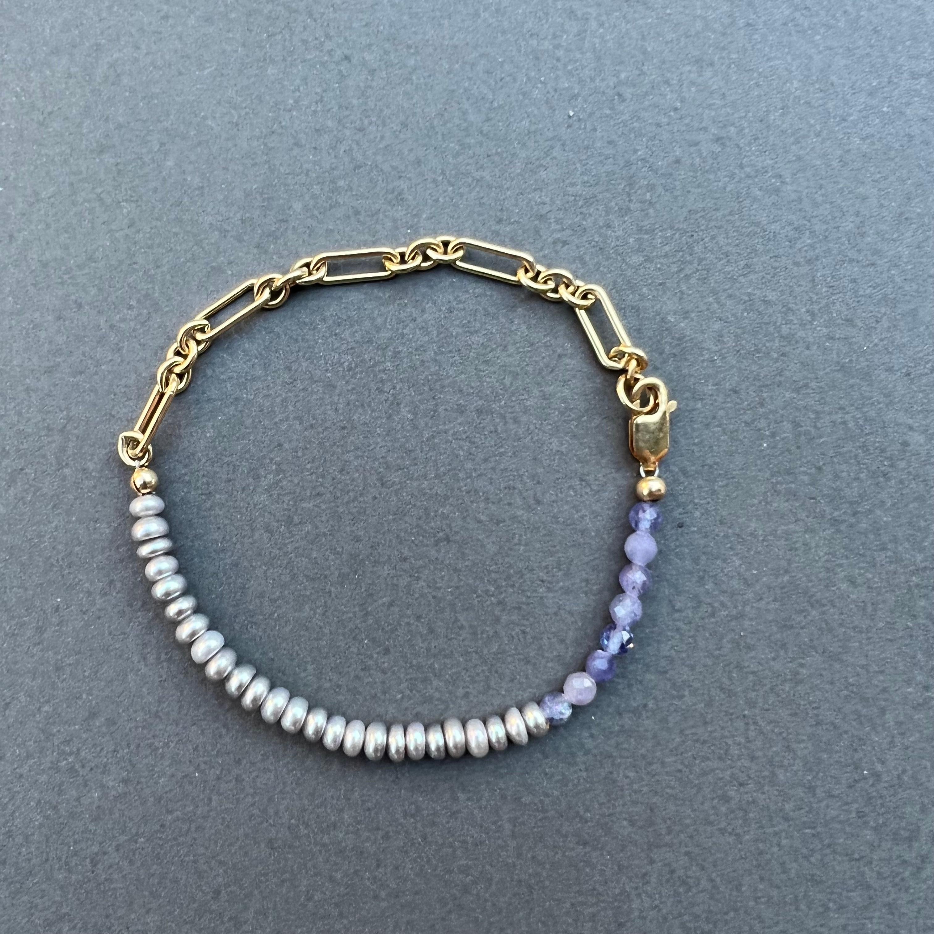 Women's Pearl Tanzanite Bead Bracelet Gold Filled Chain J Dauphin For Sale