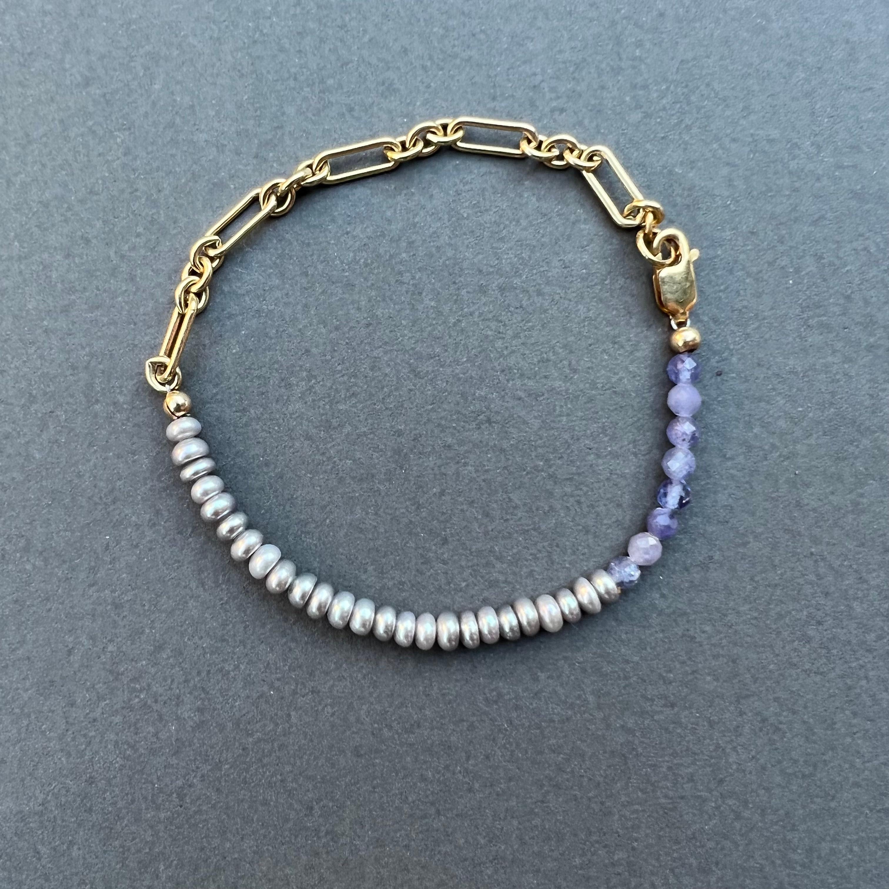 Romantic Pearl Tanzanite Bead Bracelet Gold Filled Chain J Dauphin For Sale
