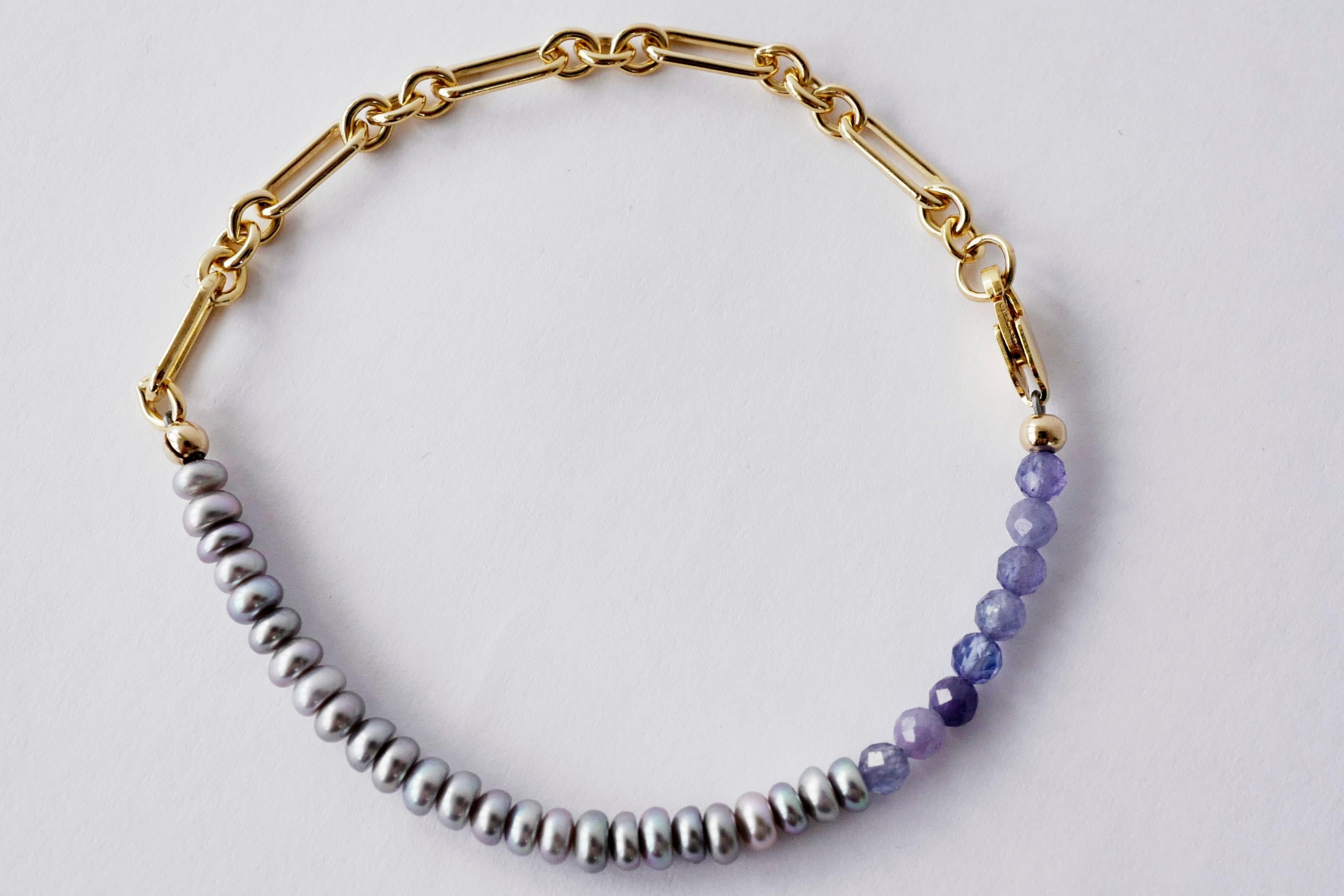Round Cut Pearl Bracelet Gold Chain Tanzanite J Dauphin For Sale