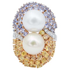 Perla, Tanzanita, Zafiros Amarillos, Diamantes, Oro Blanco 14 Kt  Anillo