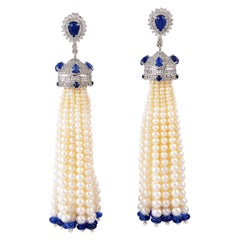 Pearl Tassel Drop Earrings in 18KT Gold & Silver with Diamonds & Sapphire