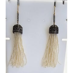 Pearl Tassel Earrings Accented With Diamonds Made In 18k White Gold & Silver