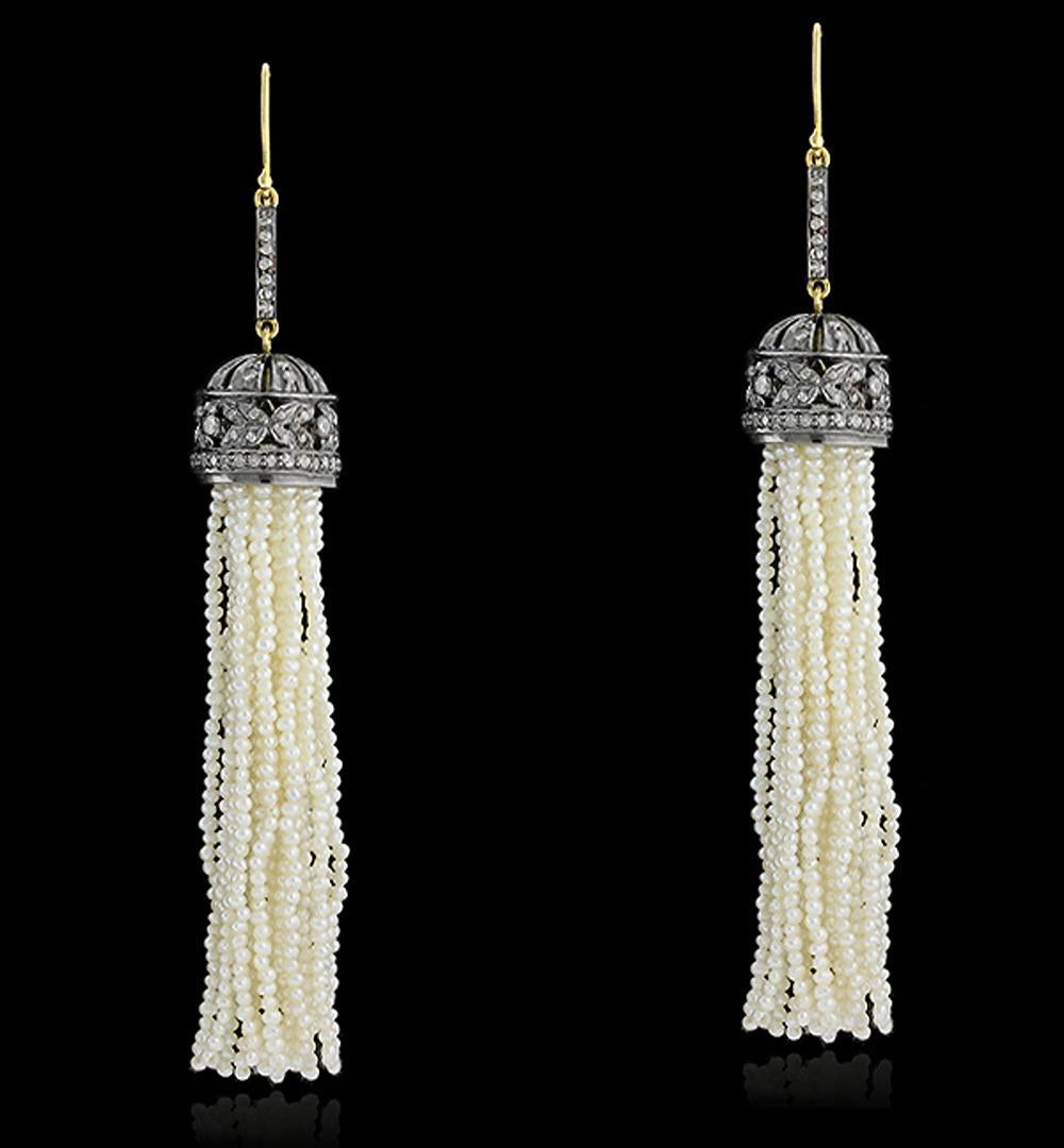Art Deco Pearl Tassel Earrings Accented With Diamonds Made In 18k White Gold & Silver For Sale