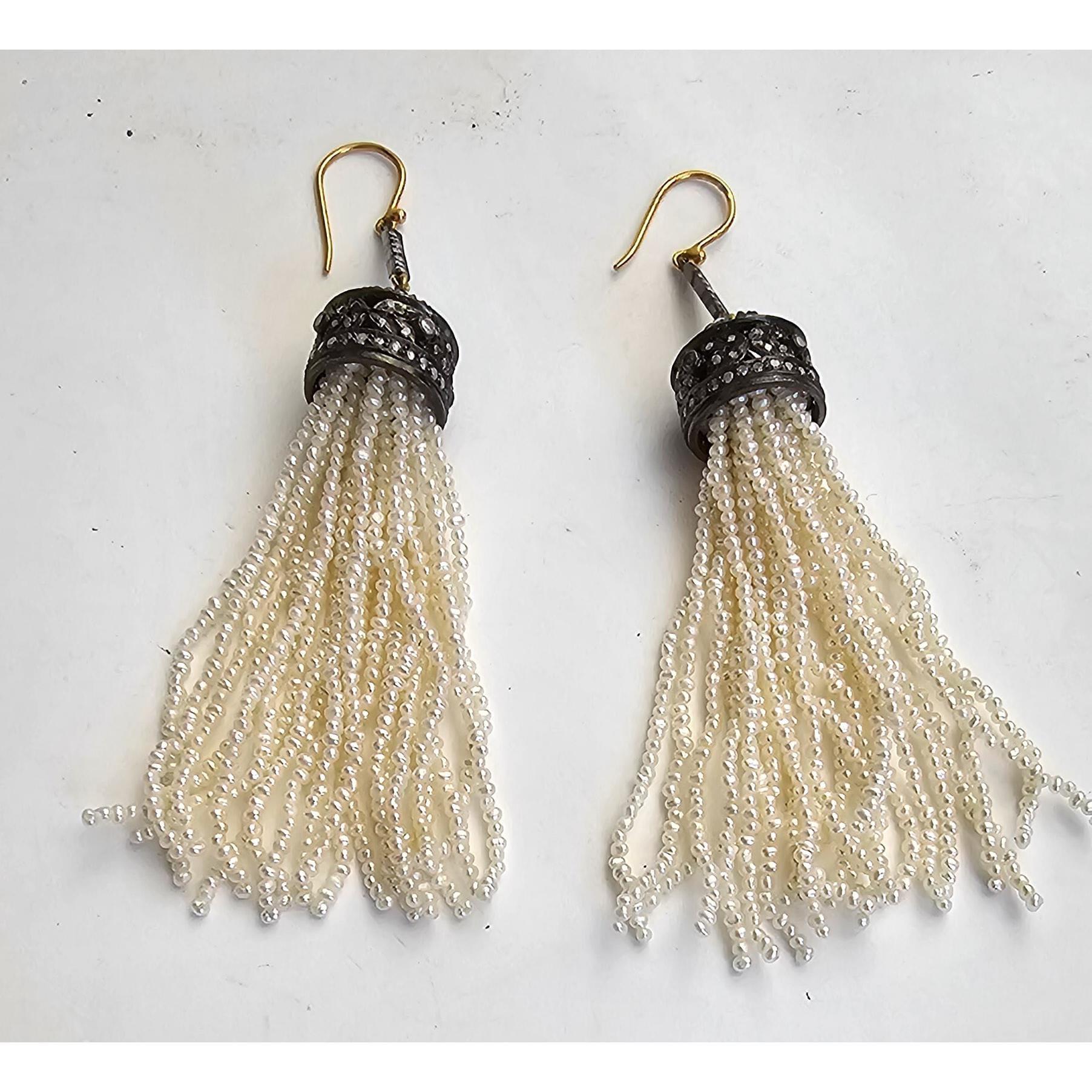 Mixed Cut Pearl Tassel Earrings Accented With Diamonds Made In 18k White Gold & Silver For Sale
