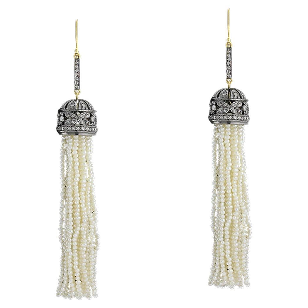 Pearl Tassel Earrings Accented With Diamonds Made In 18k White Gold & Silver For Sale