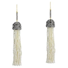 Pearl Tassel Earrings Accented With Diamonds Made In 18k White Gold & Silver
