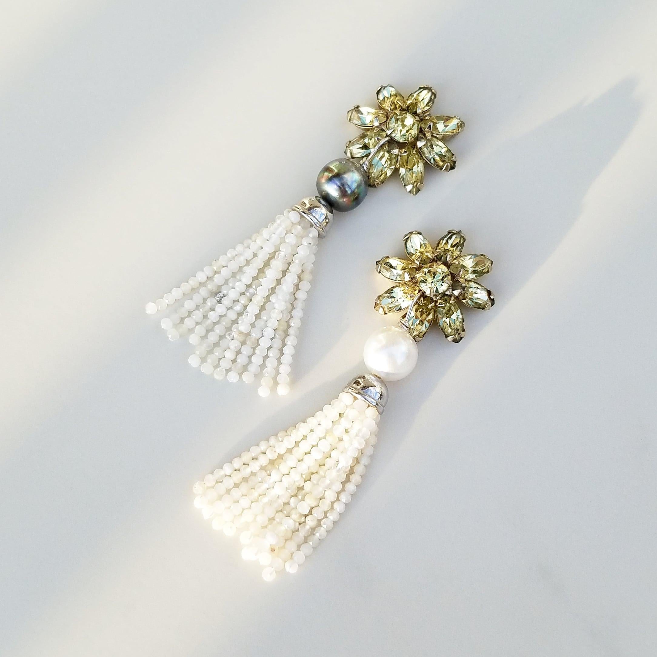 1950's Authentic Vintage signed Weiss Yellow Rhinestone Earrings with Silver-toned base metal are altered into Sterling Silver posts with fanned backings. Earrings are then adorned by mis-matched Tahitian Black & Australian White Pearls