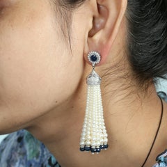 Pearl Tassel Earrings With Blue Sapphire & Diamonds Made In 18k White Gold