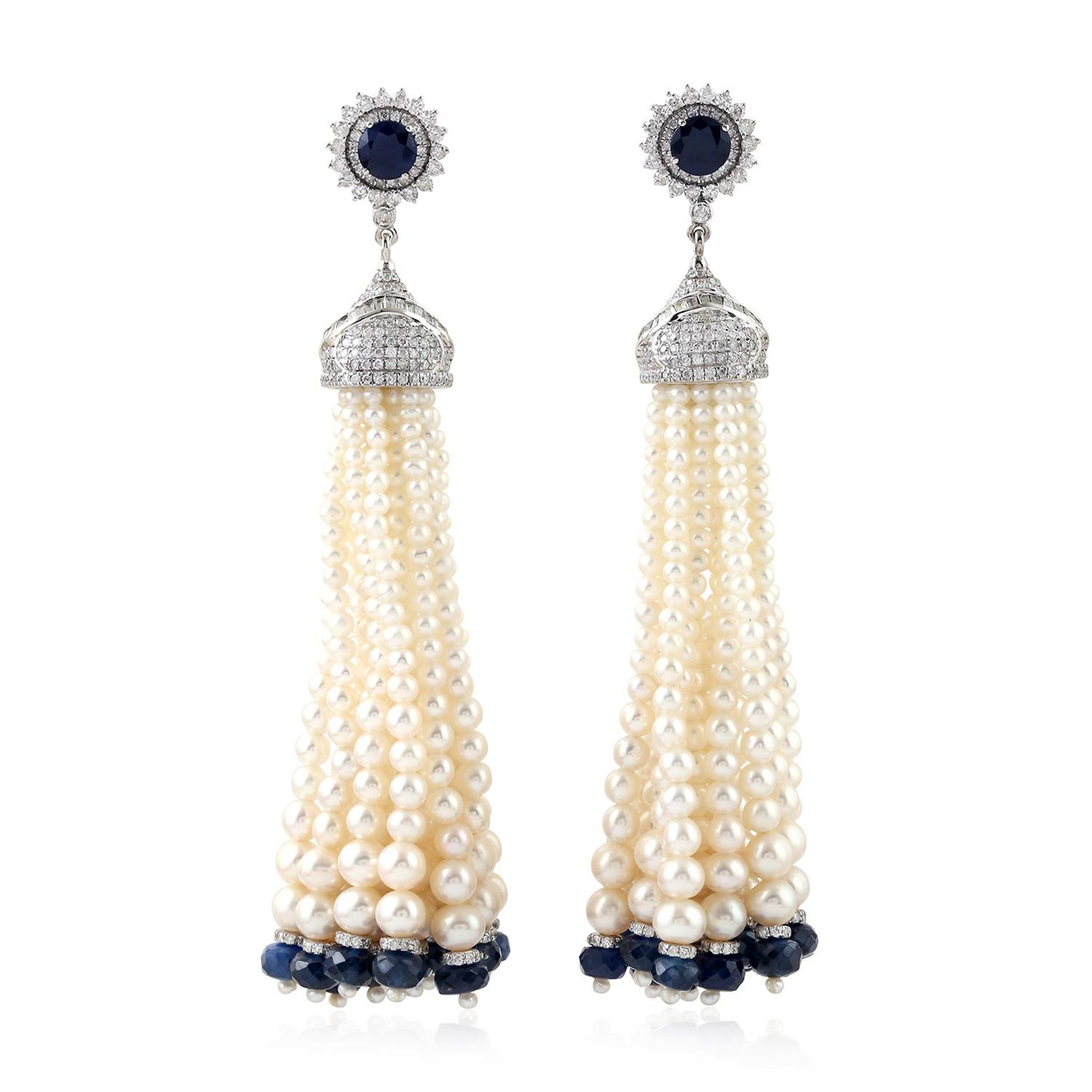 Taille mixte Boucles d'oreilles perle avec saphir bleu et diamants en or blanc 18k en vente