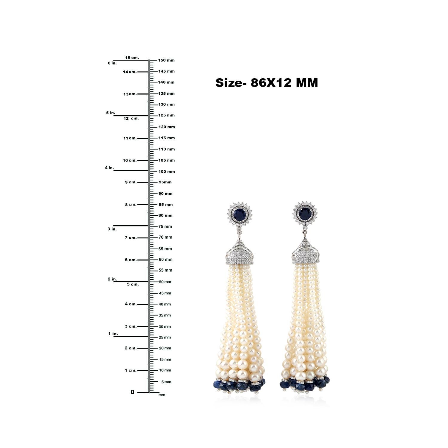 Boucles d'oreilles perle avec saphir bleu et diamants en or blanc 18k Neuf - En vente à New York, NY