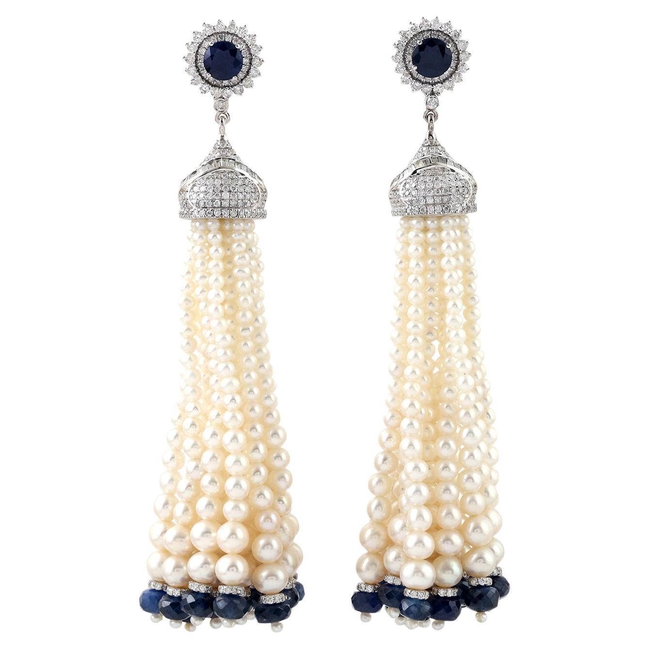 Pearl Tassel Earrings WIth Blue Sapphire & Diamonds Made In 18k White Gold