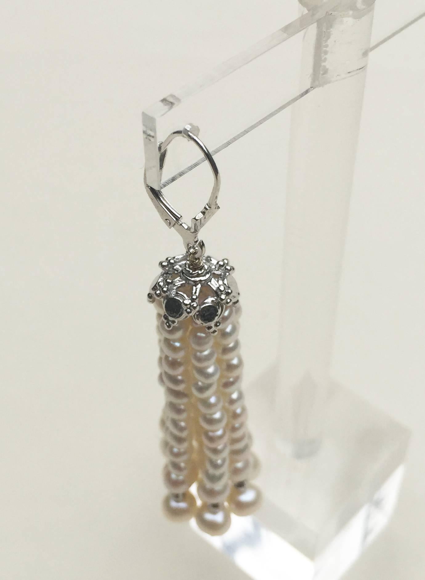 Artist Pearl Tassel Earrings with White Gold Plated Silver Cup by Marina J.