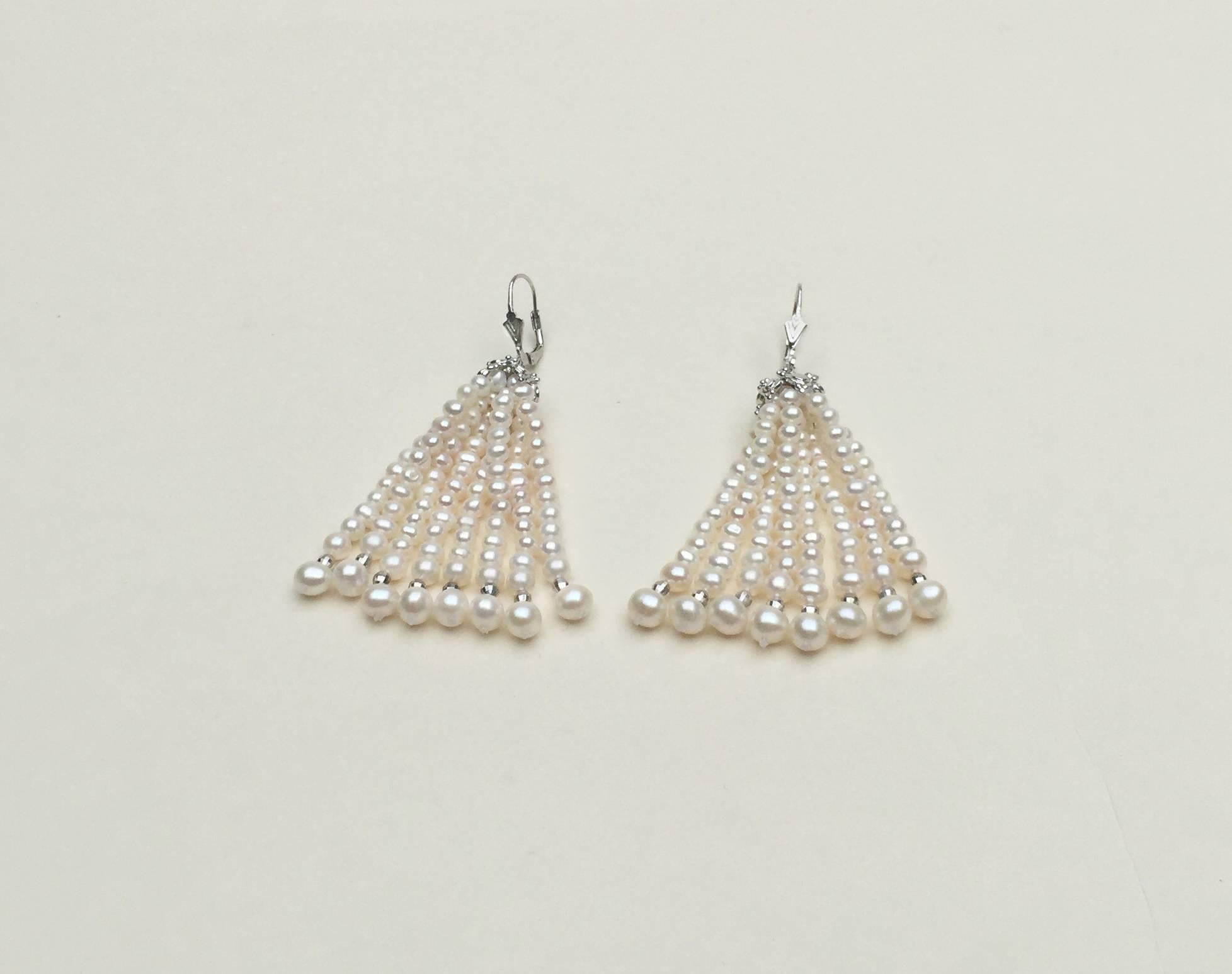 Pearl Tassel Earrings with White Gold Plated Silver Cup by Marina J. In New Condition In Los Angeles, CA