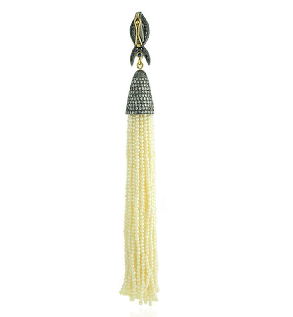 Artisan Pearl Tassel Pendant Accented With Sapphire & Diamonds in 18k Gold & Silver For Sale