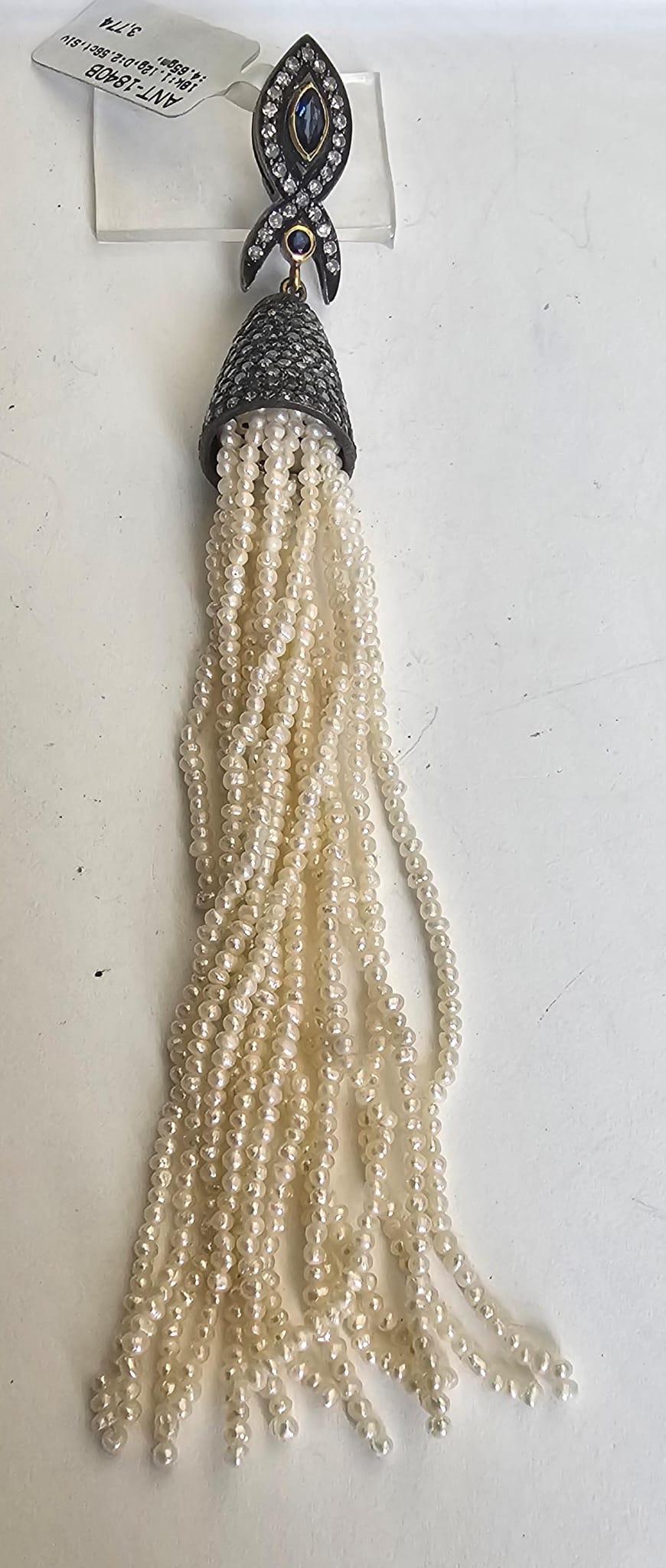 Mixed Cut Pearl Tassel Pendant Accented With Sapphire & Diamonds in 18k Gold & Silver For Sale