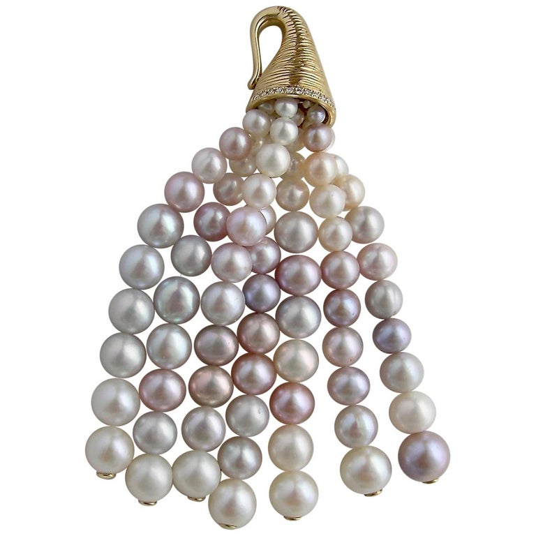 Pearl Tassel Pendant with 18 Karat Gold and Diamond Cap or Enhancer For Sale at 1stDibs