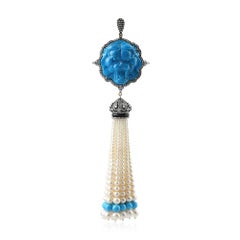 Pearl Tassel Pendant with Lion Face Turquoise on Top with Diamonds Around