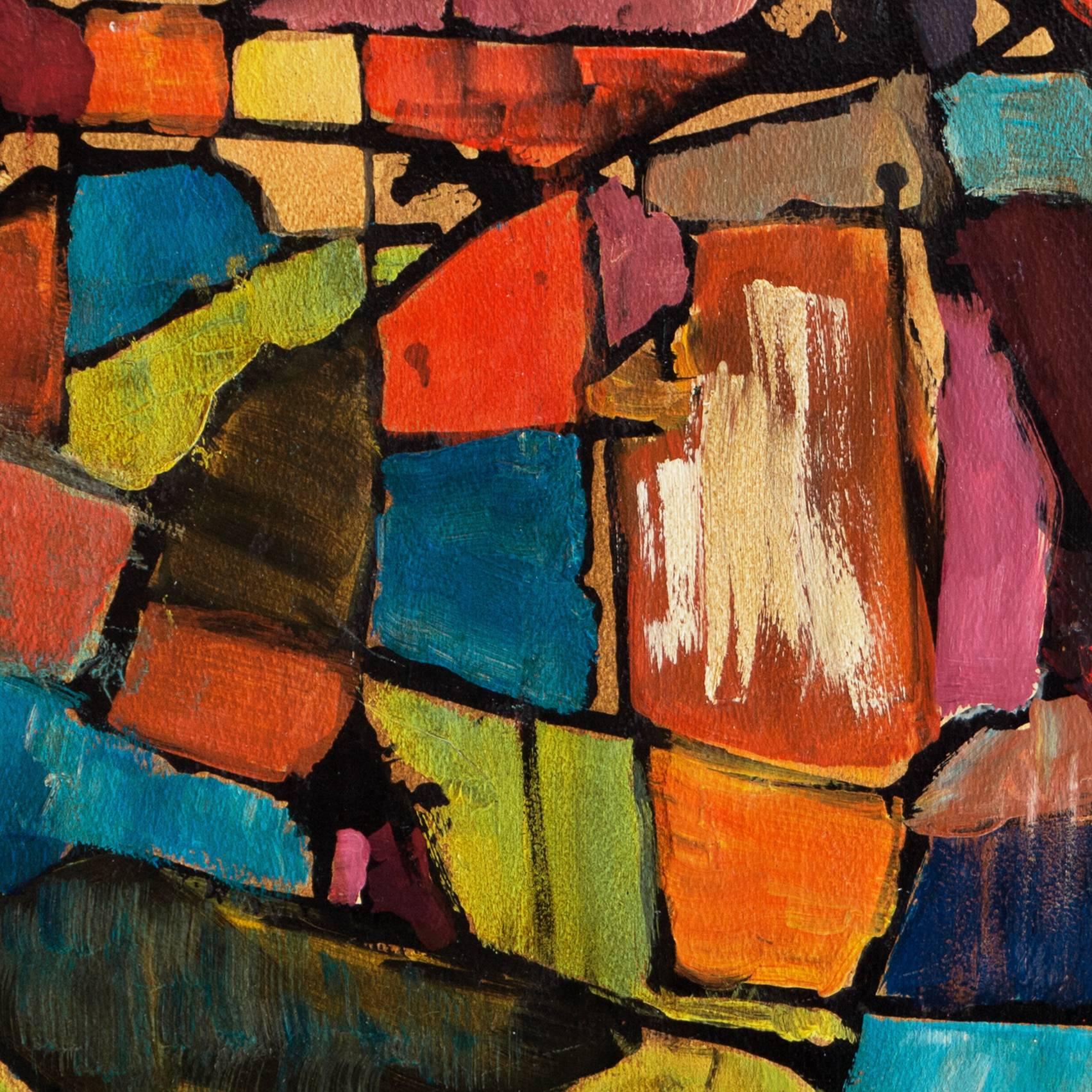 Oil abstract comprising interconnected organic shapes in variegated shades of turquoise, vermilion, coral, and lime, outlined in deep ebony.

Signed with monogram lower right, 'P.T.'. Additionally signed verso, 'Pearl Took' (1928 - 2012, American)