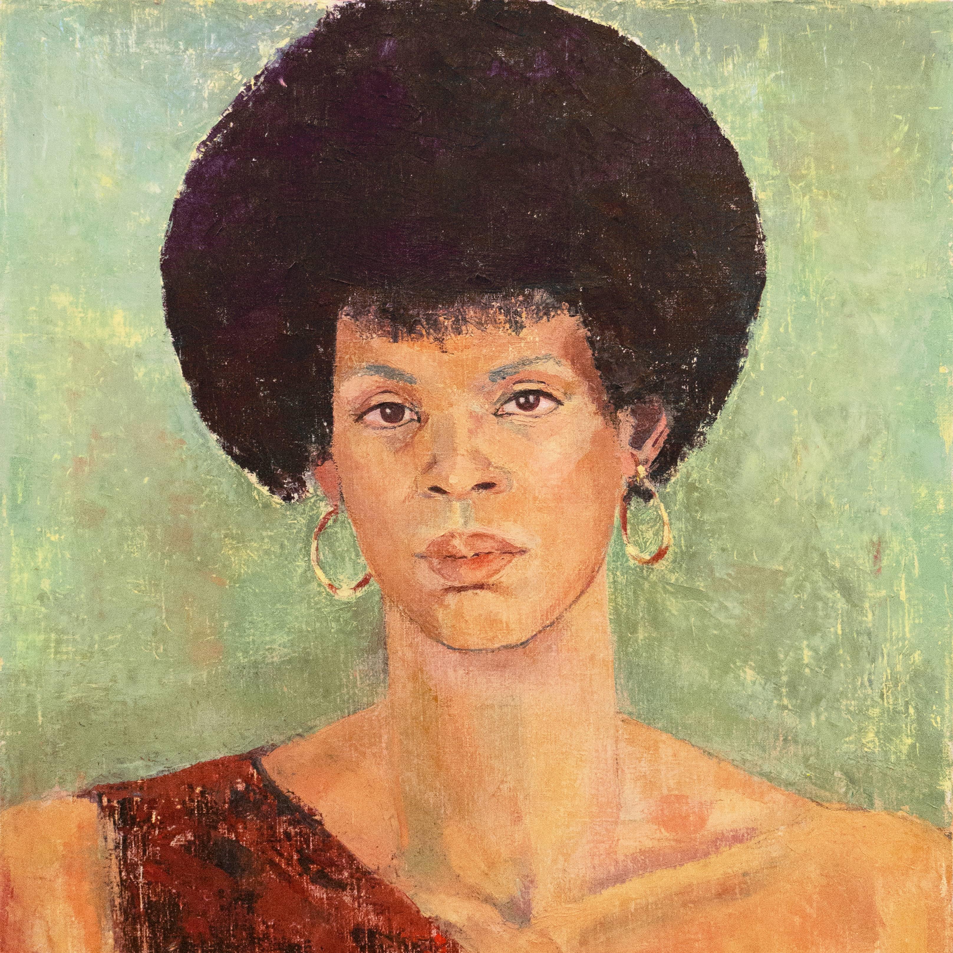 'Sheila Antoine with Afro', Sir John Cass, Otis Art Institute, California - Beige Figurative Painting by Pearl Took