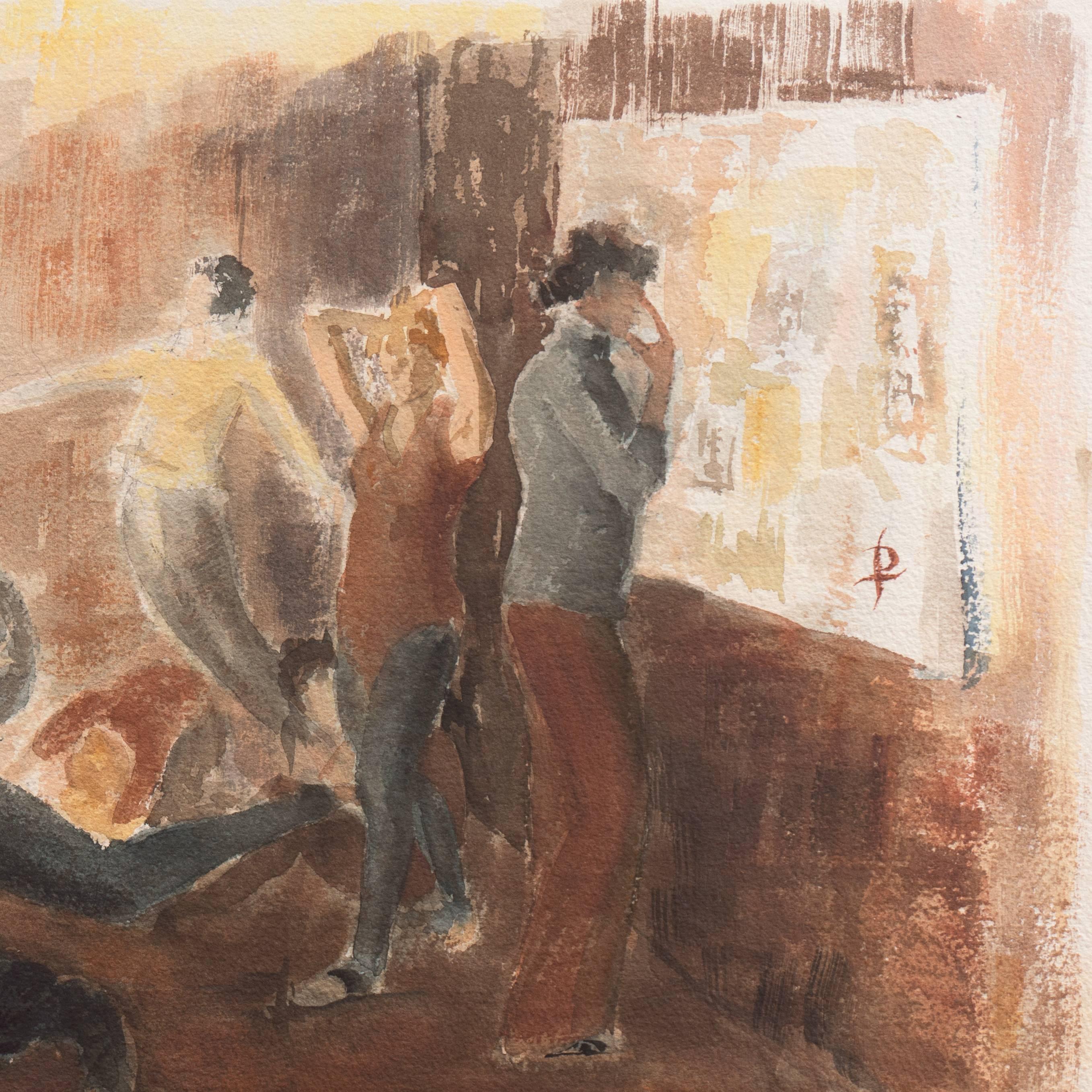 'Dance Class', Modernist Figural, Sir John Cass, Otis Art Institute, Parson's - Brown Interior Painting by Pearl Took