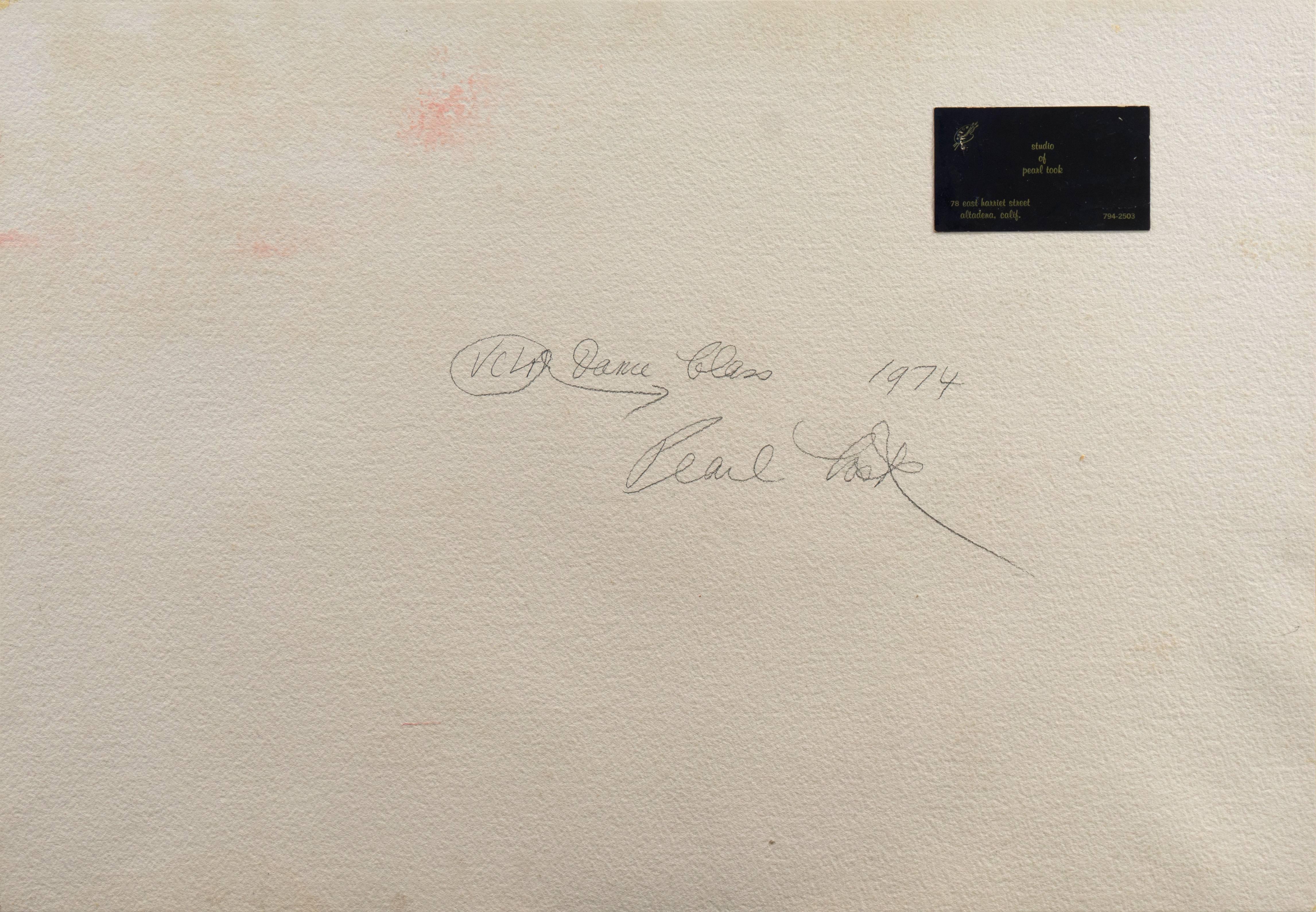 Signed middle right with monogram, 'P.T.'; additionally signed verso, dated 1974 and titled 'UCLA Dance Class'; accompanied by artist's business card.

Born in England, Pearl Took first studied at the Skipton Art School (1943-7) and, subsequently,