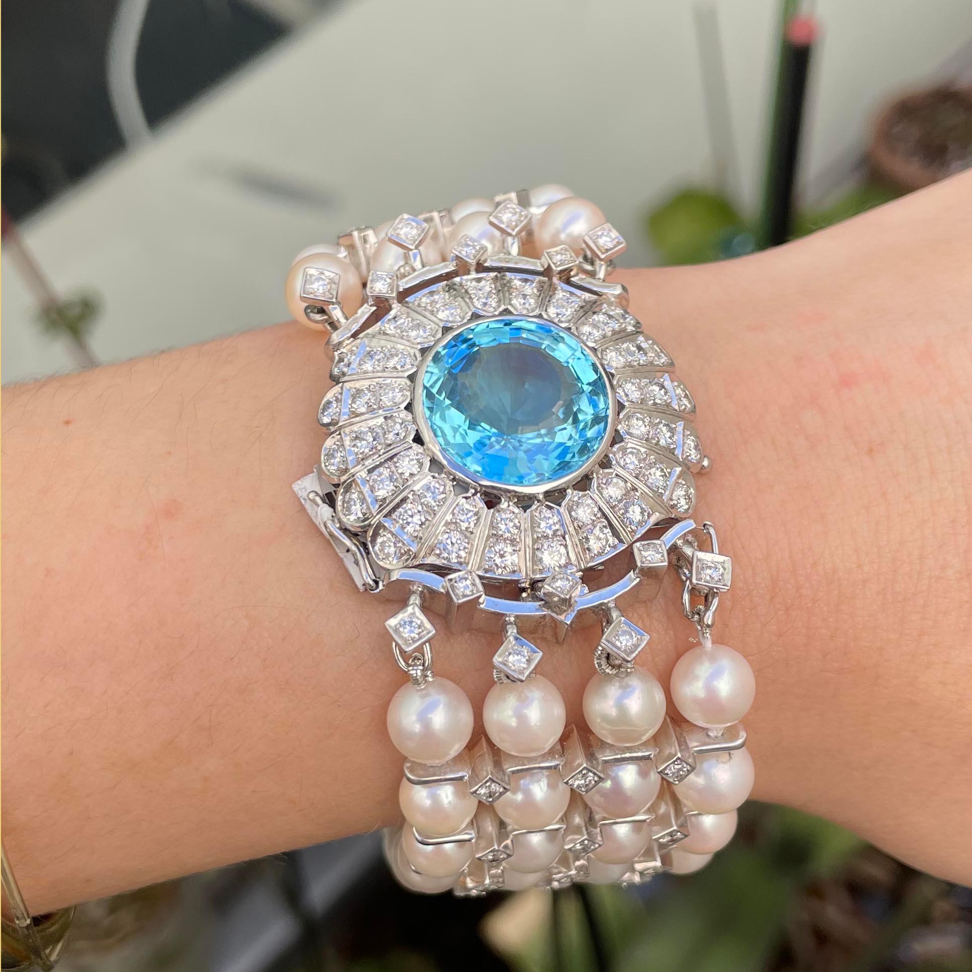 Choker-Halskette und -Armband aus Perlen und Diamanten, Topas in der Mitte im Zustand „Hervorragend“ im Angebot in Beverly Hills, CA