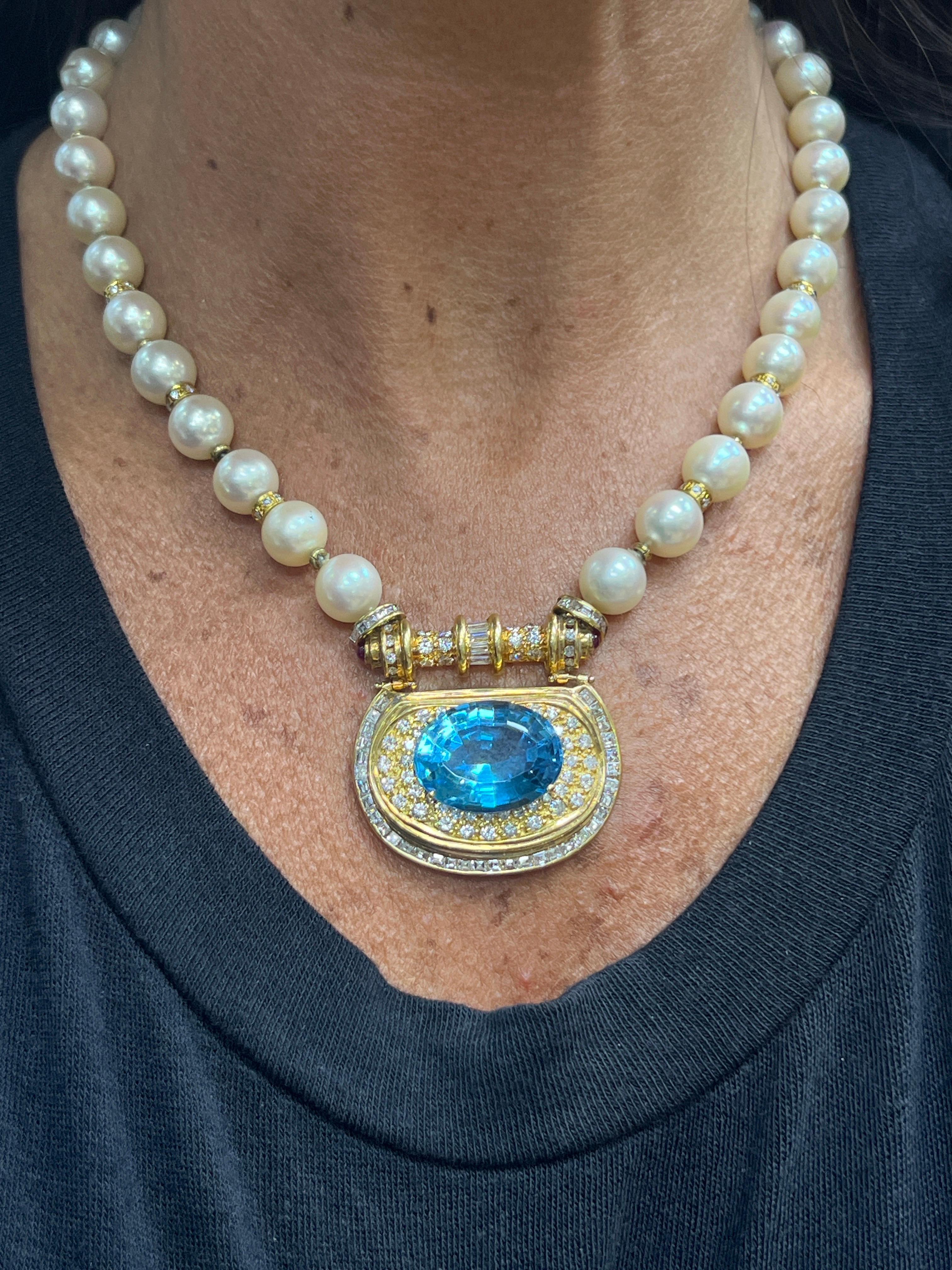 Pearl Topaz & Diamond Pendant Necklace

 A Necklace featuring a strand of cultured pearls with diamond & gold spaceers suspending a llarge oval shape blue topaz with round & baguette cut diamonds & two cabochon rubies on the sides.

Measurements: