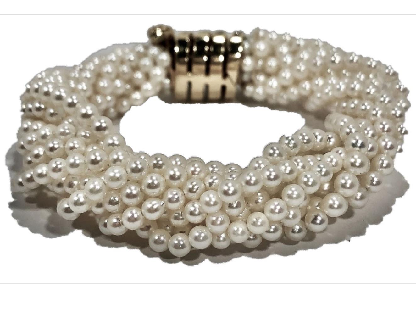 Brilliant Cut Pearl Torsade Bracelet with Gold and Diamond Coiled Snake Clasp