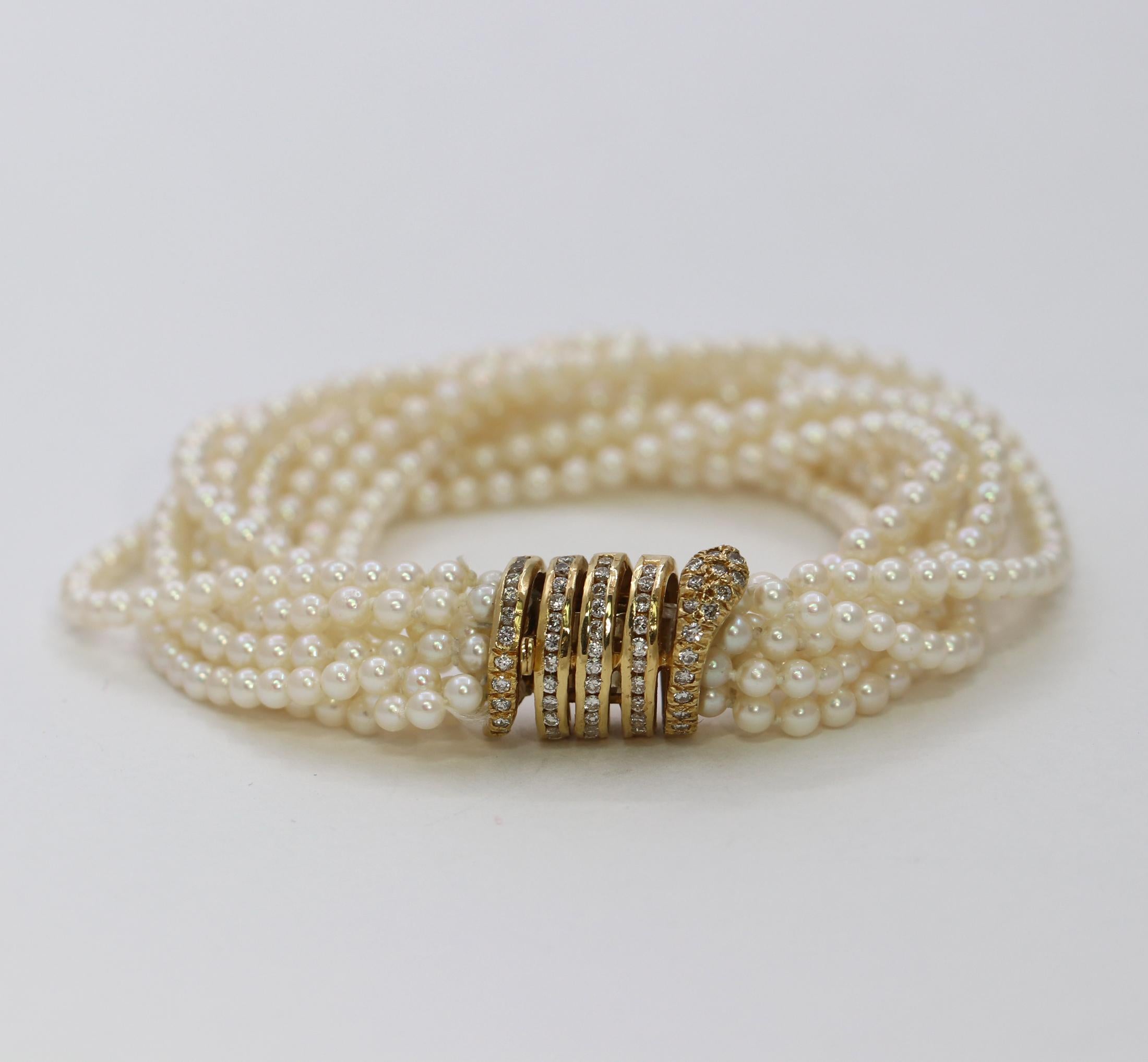 Women's Pearl Torsade Bracelet with Gold and Diamond Coiled Snake Clasp