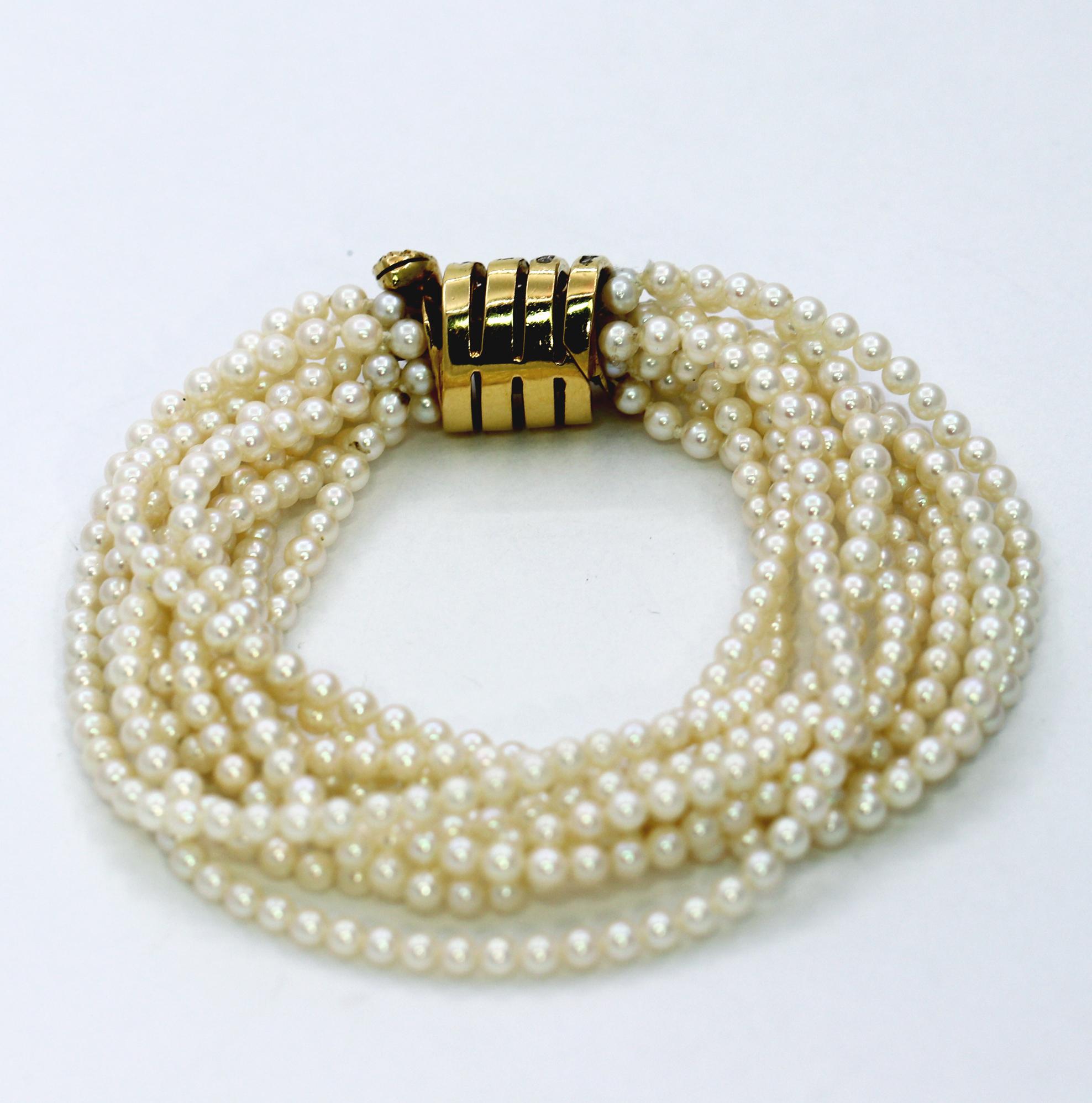 Pearl Torsade Bracelet with Gold and Diamond Coiled Snake Clasp 2