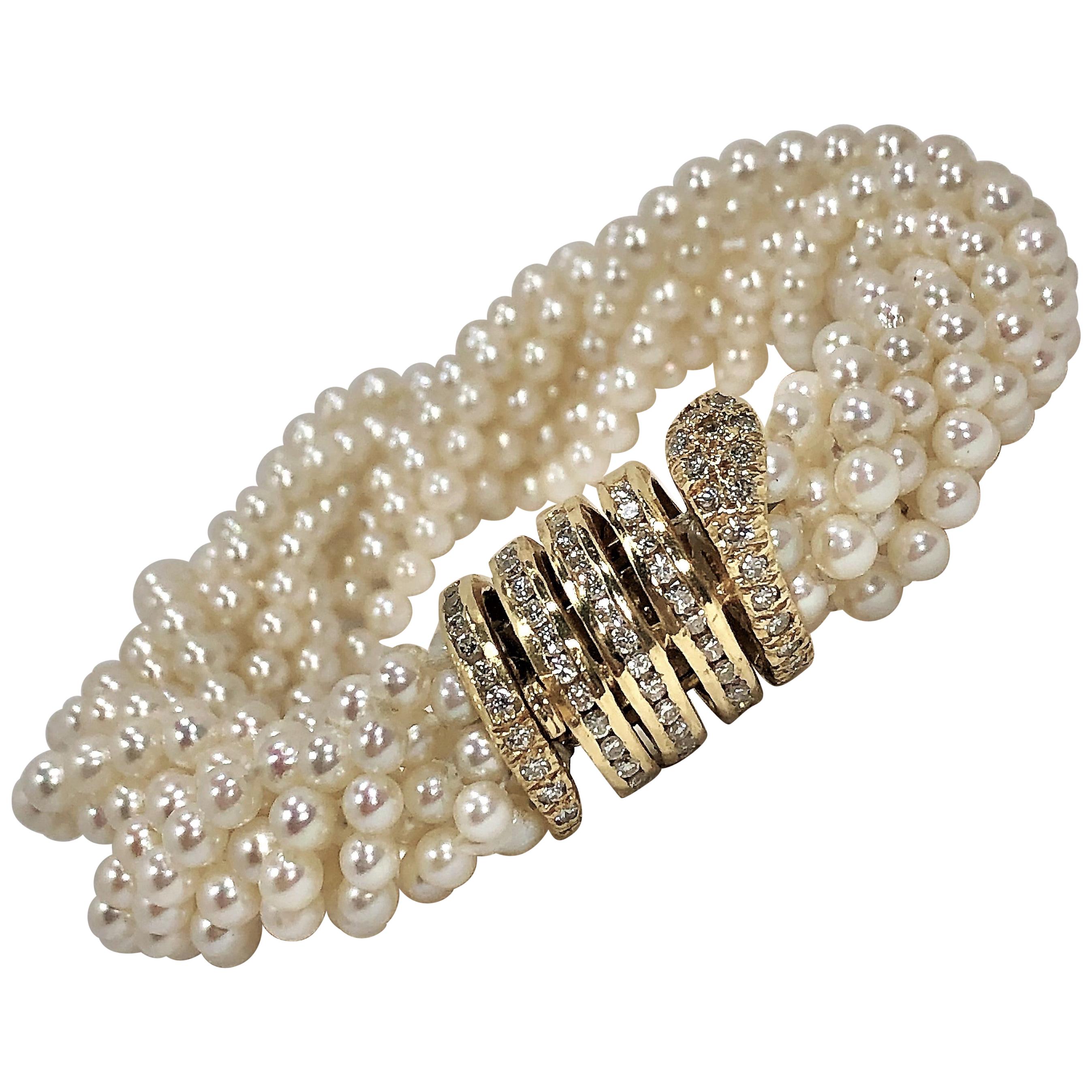 Pearl Torsade Bracelet with Gold and Diamond Coiled Snake Clasp