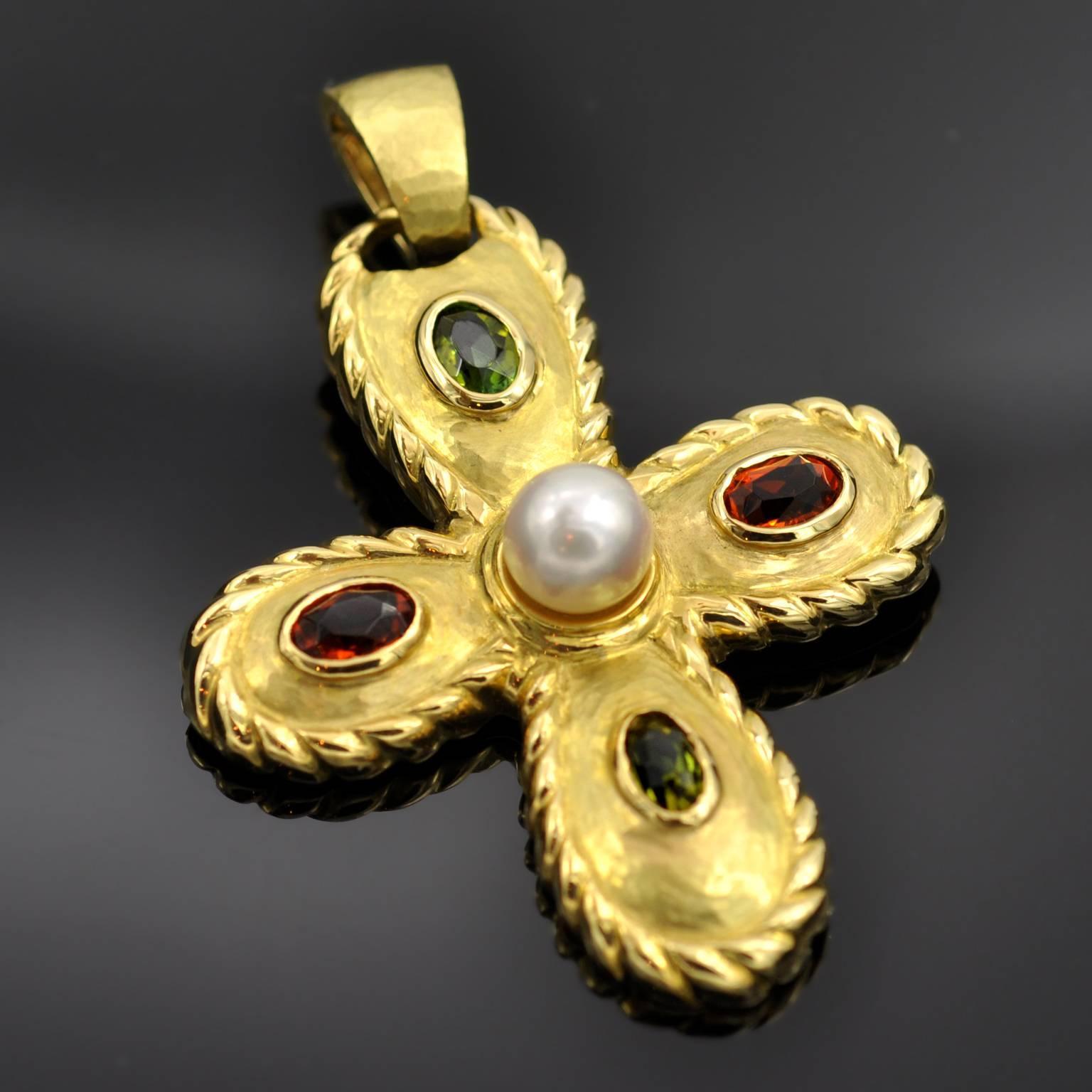 Pearl Tourmaline Citrine Gold Cross Shaped Pendant In New Condition In Monte Carlo, MC