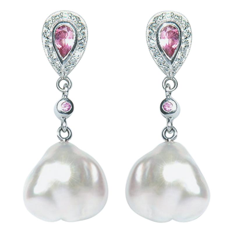 Pearl Tourmaline Sapphire 18 Karat White Gold Drop Earrings Natalie Barney For Sale