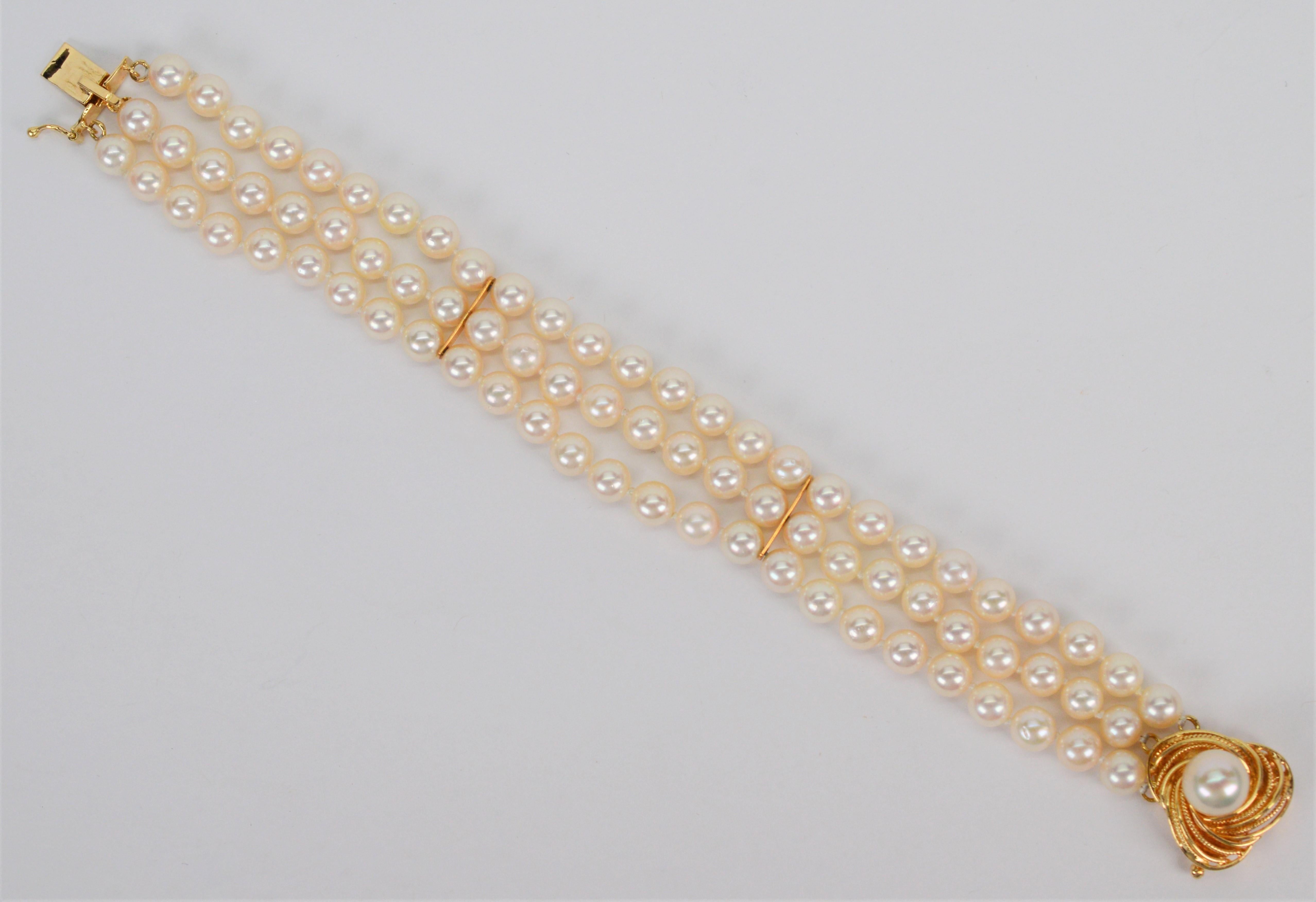 Women's Pearl Triple Strand Bracelet w 14K Gold Swirl Charm Box Clasp w Pearl Accent 