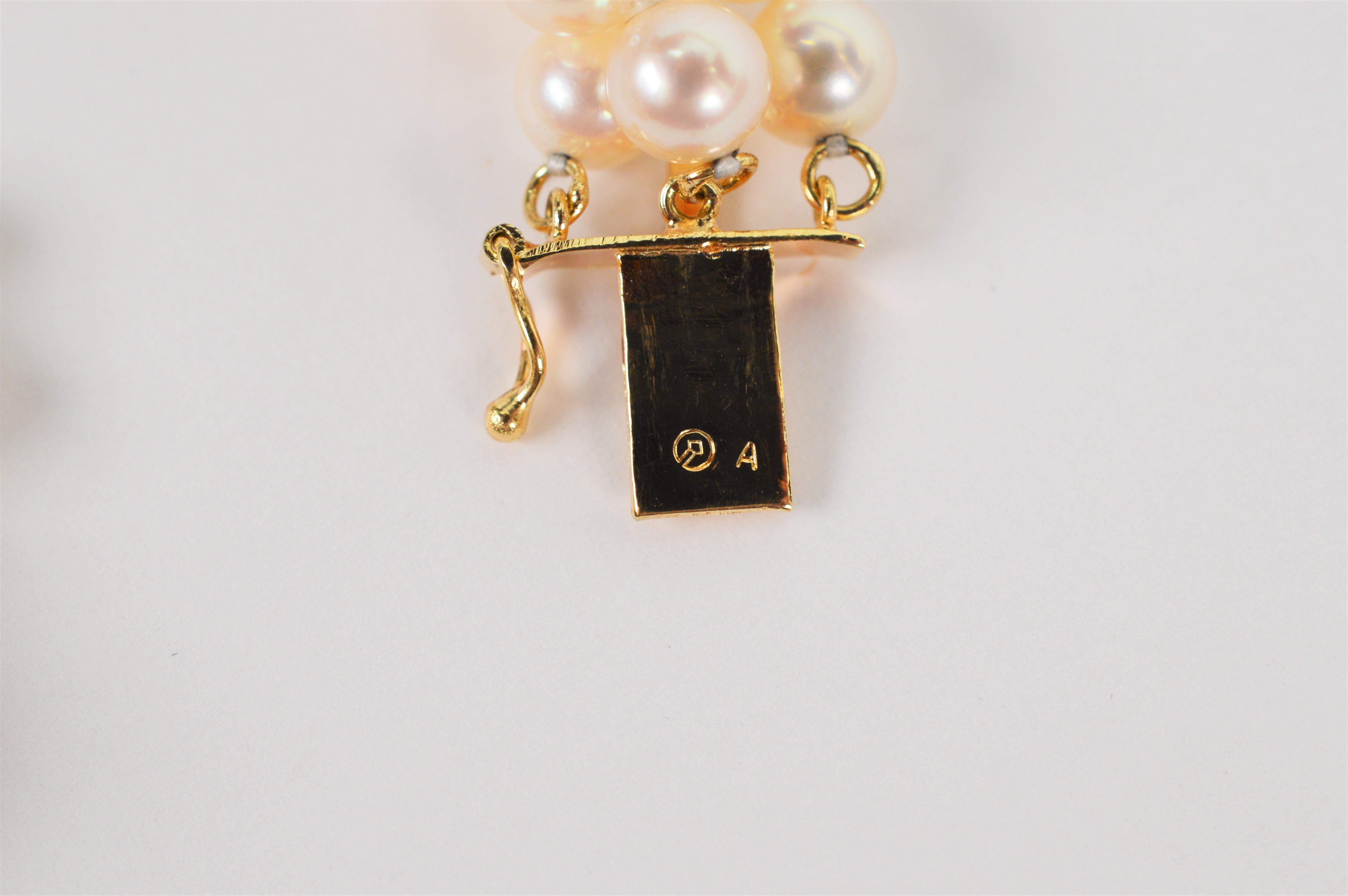 Pearl Triple Strand Bracelet w 14K Gold Swirl Charm Box Clasp w Pearl Accent  2